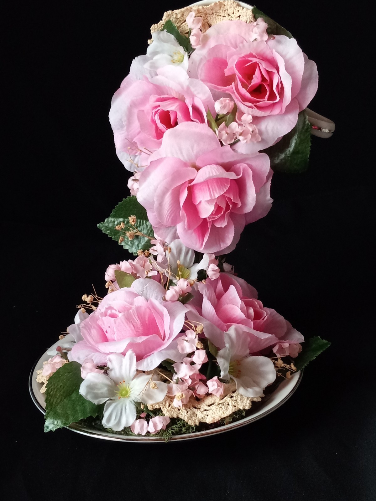 New Floral China Floating Teacup W Pink Floral Arrangement 8″ Tall #B FL#2