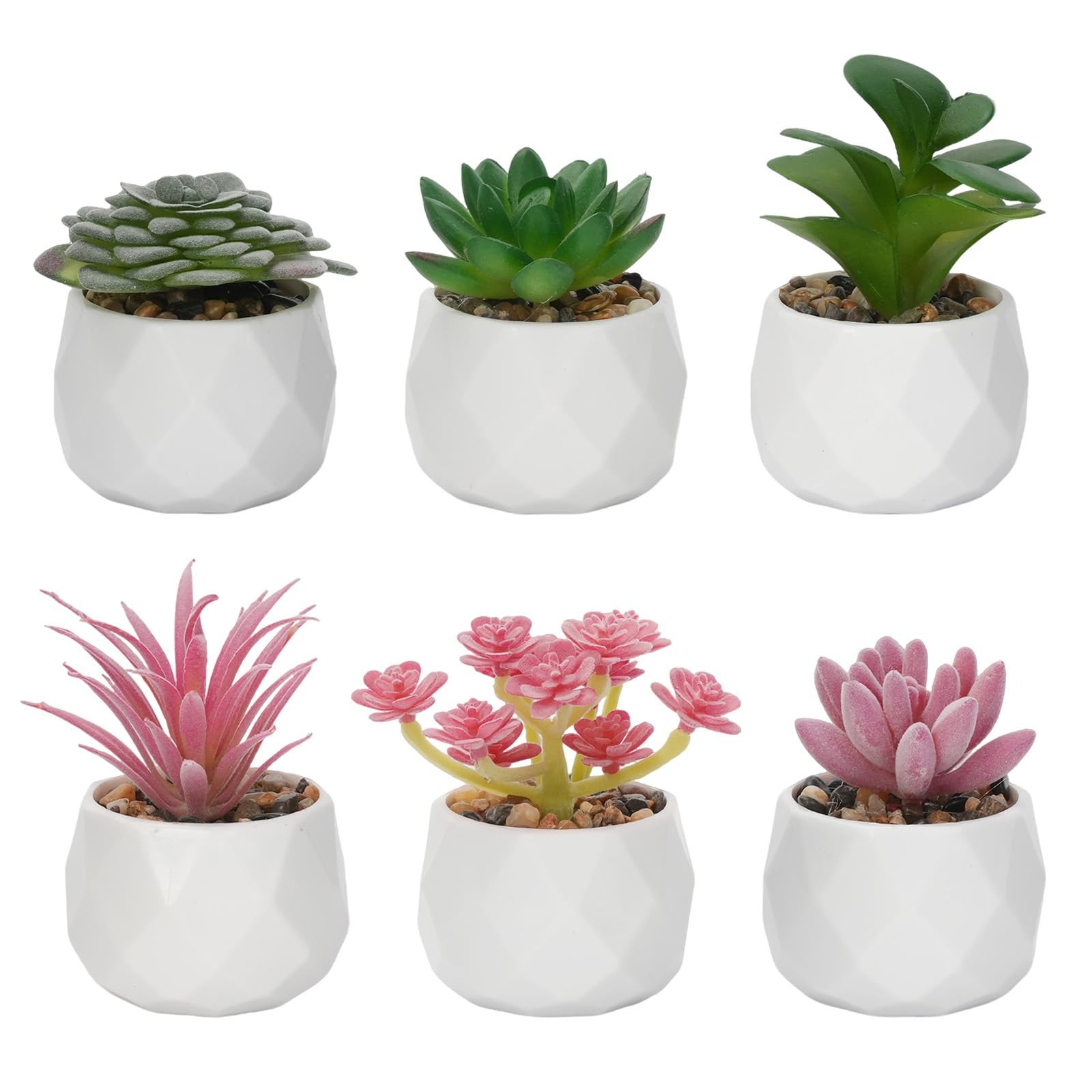 6 PCS Artificial Succulents Faux Desk Plants White Plastic Pots Room Decor