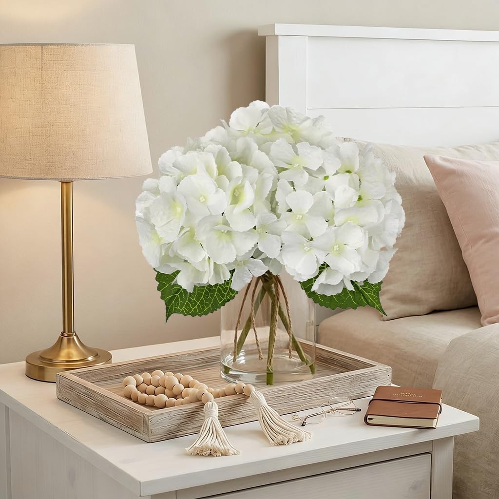 Artificial White Hydrangea Flower Arrangement in Glass Vase with Faux Water