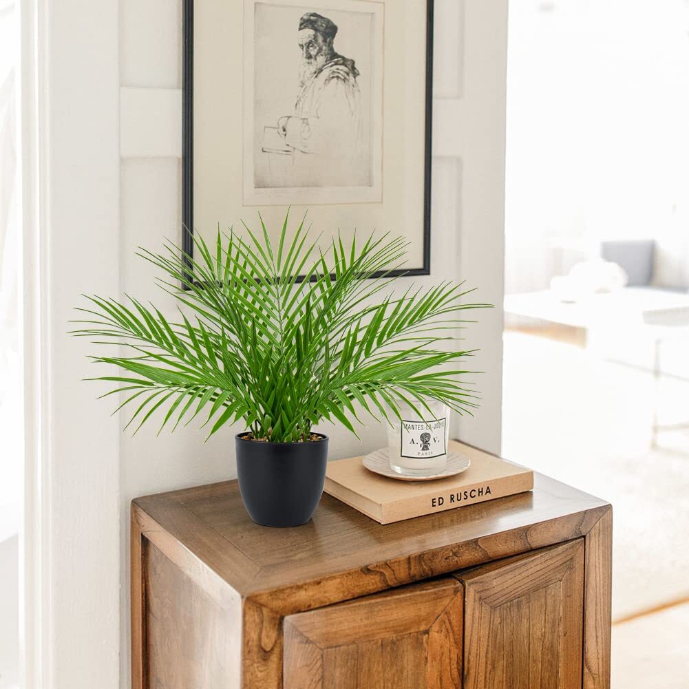 Artificial Palm Plant 15″ Black Pot Realistic Faux Tropical Houseplant