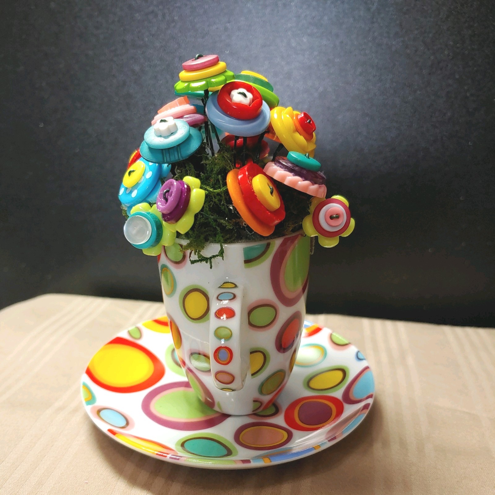 Rainbow Button Bouquet in mini polka dot cup and saucer. only 5 inches tall!