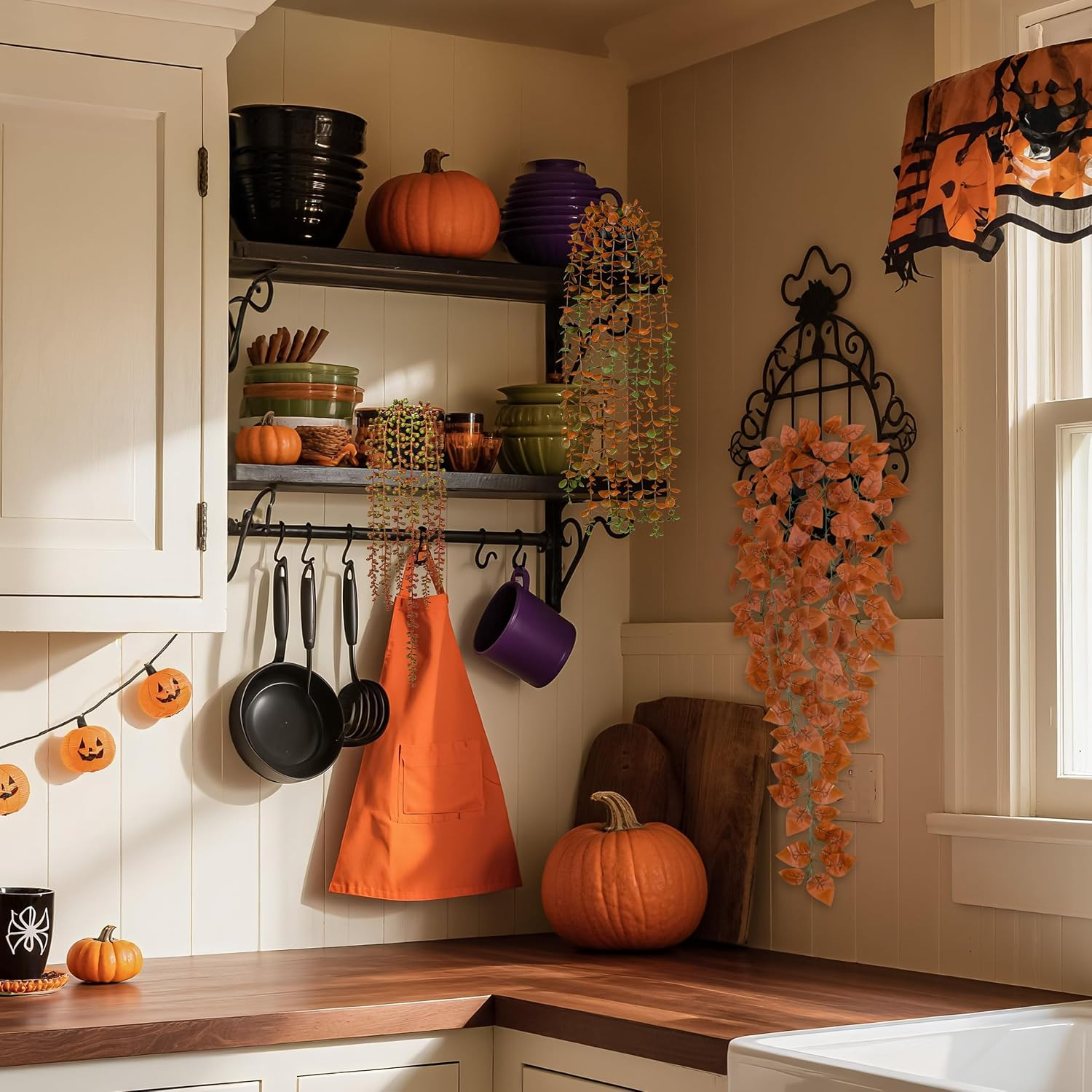 2Pcs Fake Fall Hanging Plants for Home Bathroom Wall Outdoor Decor | Orange Euca