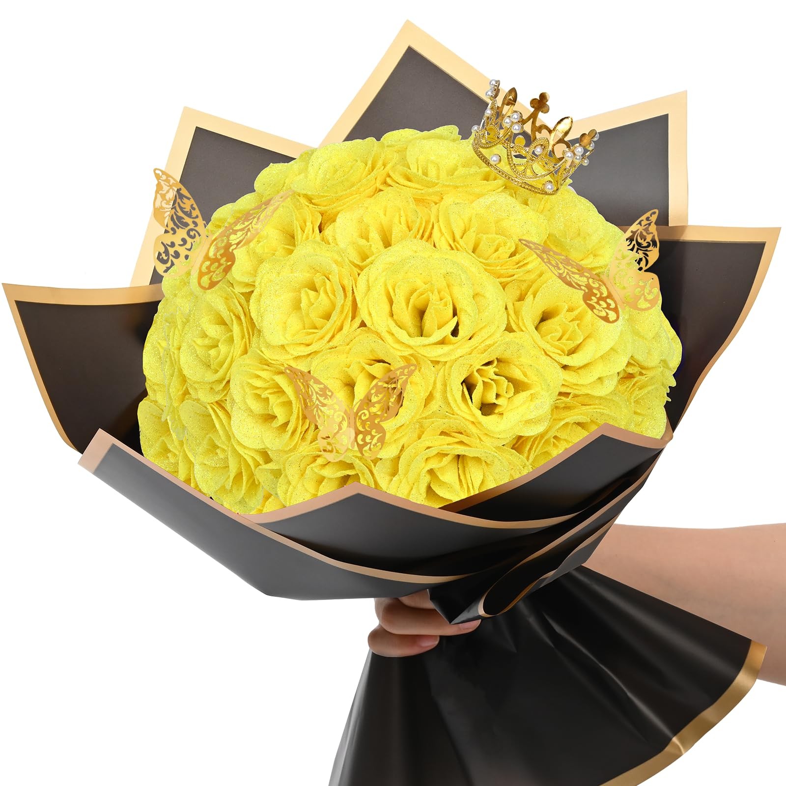 36 PCS DIY Yellow Glitter Roses Bouquet Fake Flowers For Valentines