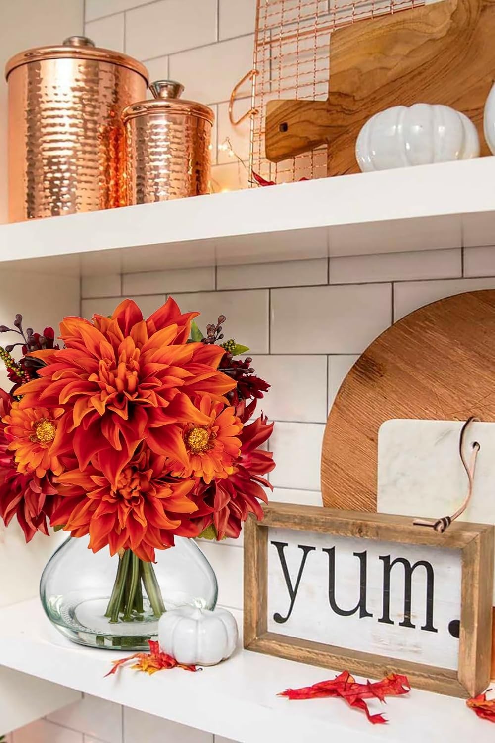 Faux Fall Flowers in Vase, Artificial Dahlia & Mum Silk Floral Arrangement with