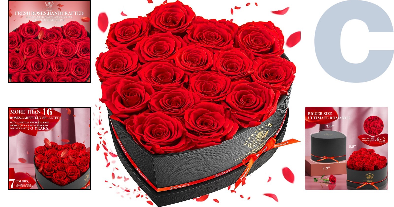 Eternal Red Rose Set of 16 – Heart-Shaped Box for Birthdays & Anniversaries