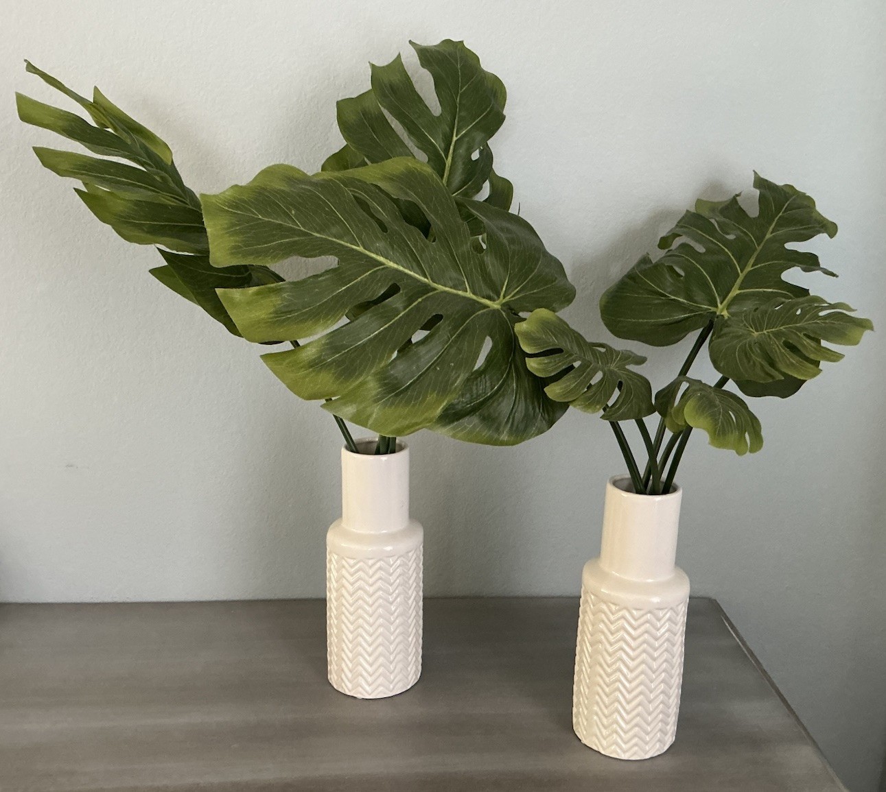 Pair of Artificial Indoor Green Monster Leaf Plant In White Ceramic Pot/Vase 26’