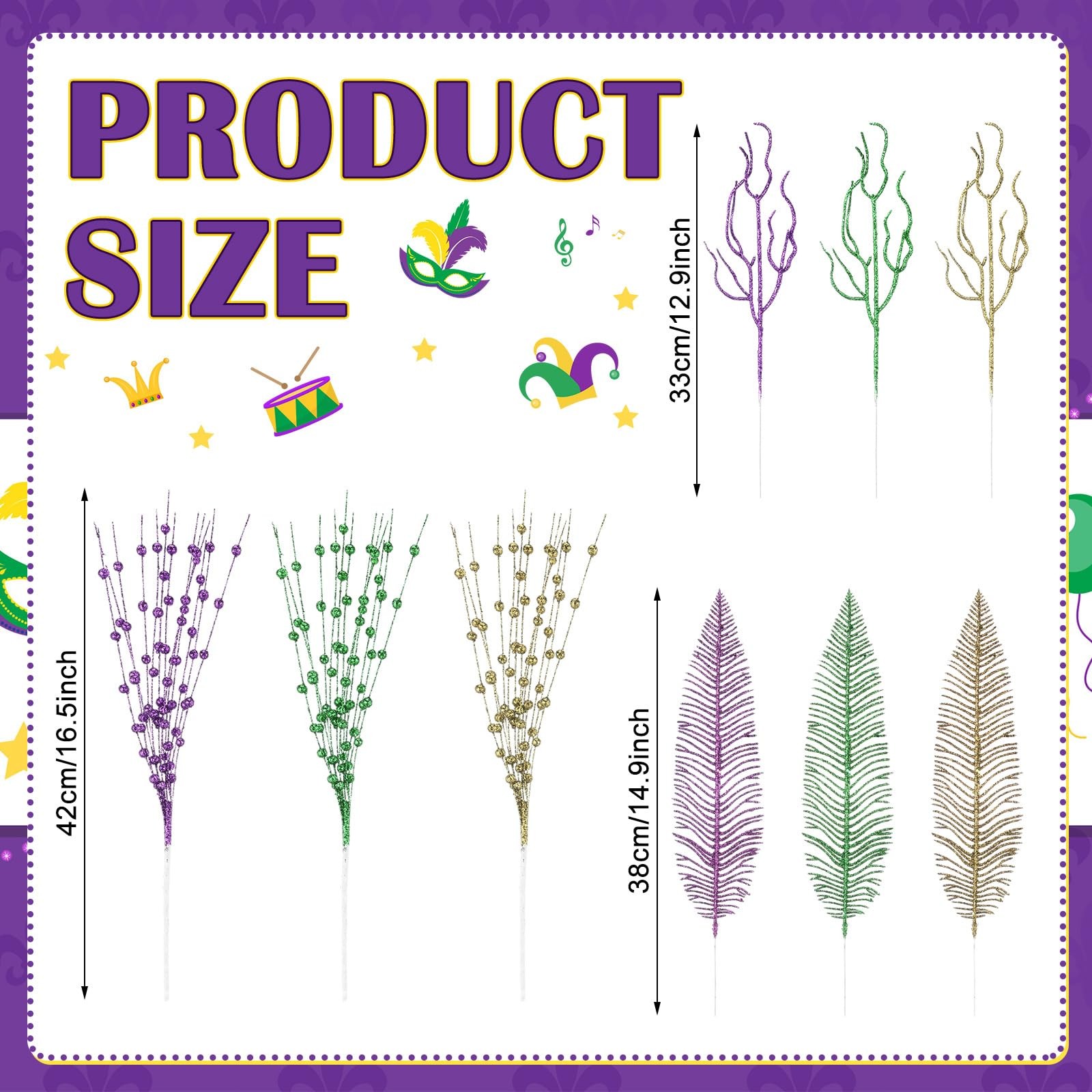18 Pcs Mardi Gras Glitter Tree Picks Purple Gold Green Centerpiece Table Deco…