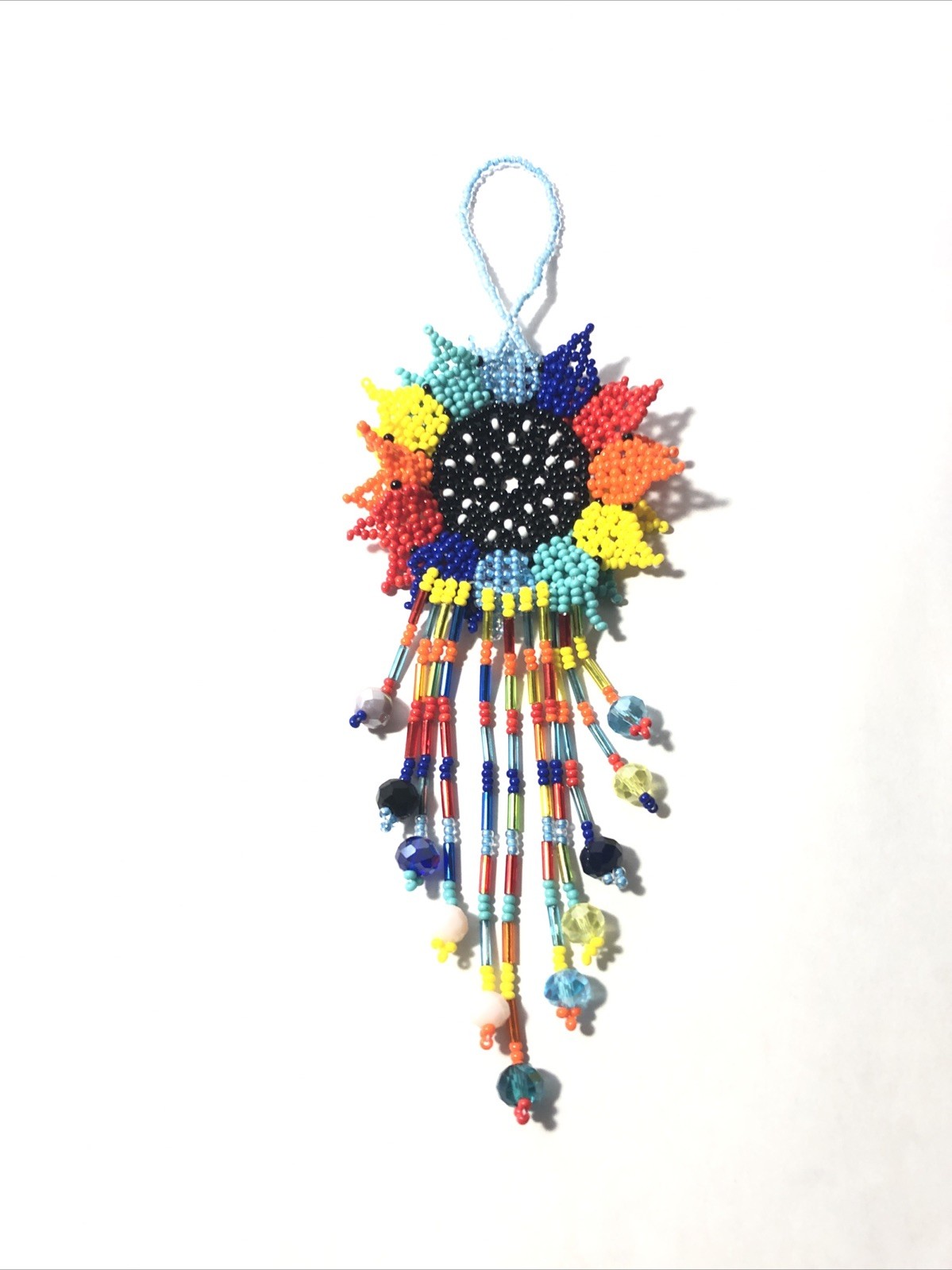 Hand Made Beaded Colorful Mexican Sunflower 5” Seed Bead Dangle Charm Ornament.