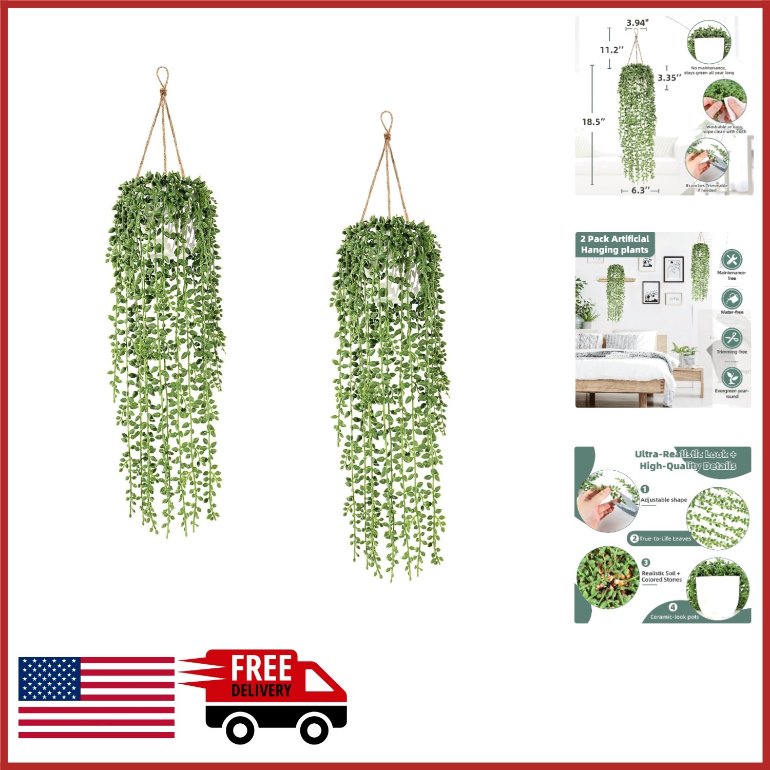 Realistic Faux Hanging Plants 2 Pack String of Pearls for Living Room