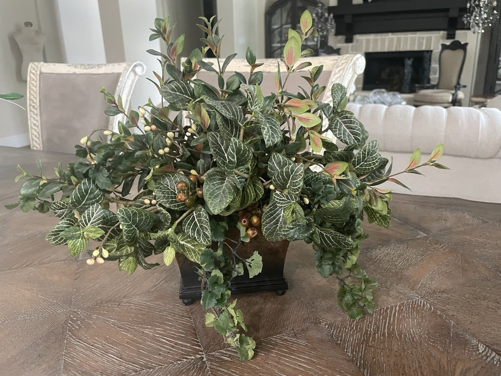 Faux Greenery & Berry Floral Arrangement Sm Resin Footed Container
