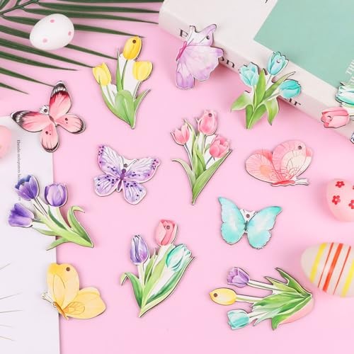 36pcs Spring Tulip Wooden Hanging Ornaments, Butterfly Flower Spring Tree