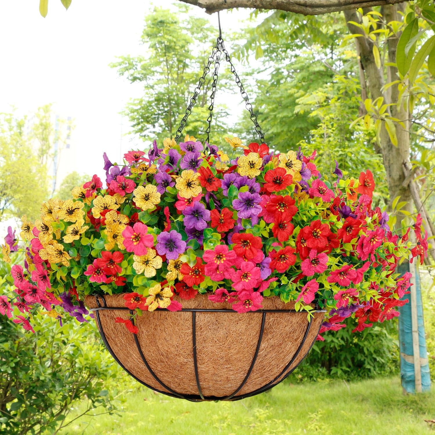 14 Inch Artificial Hanging Plant Baskets with 36 Pcs Flowers for Outdoor Deco…
