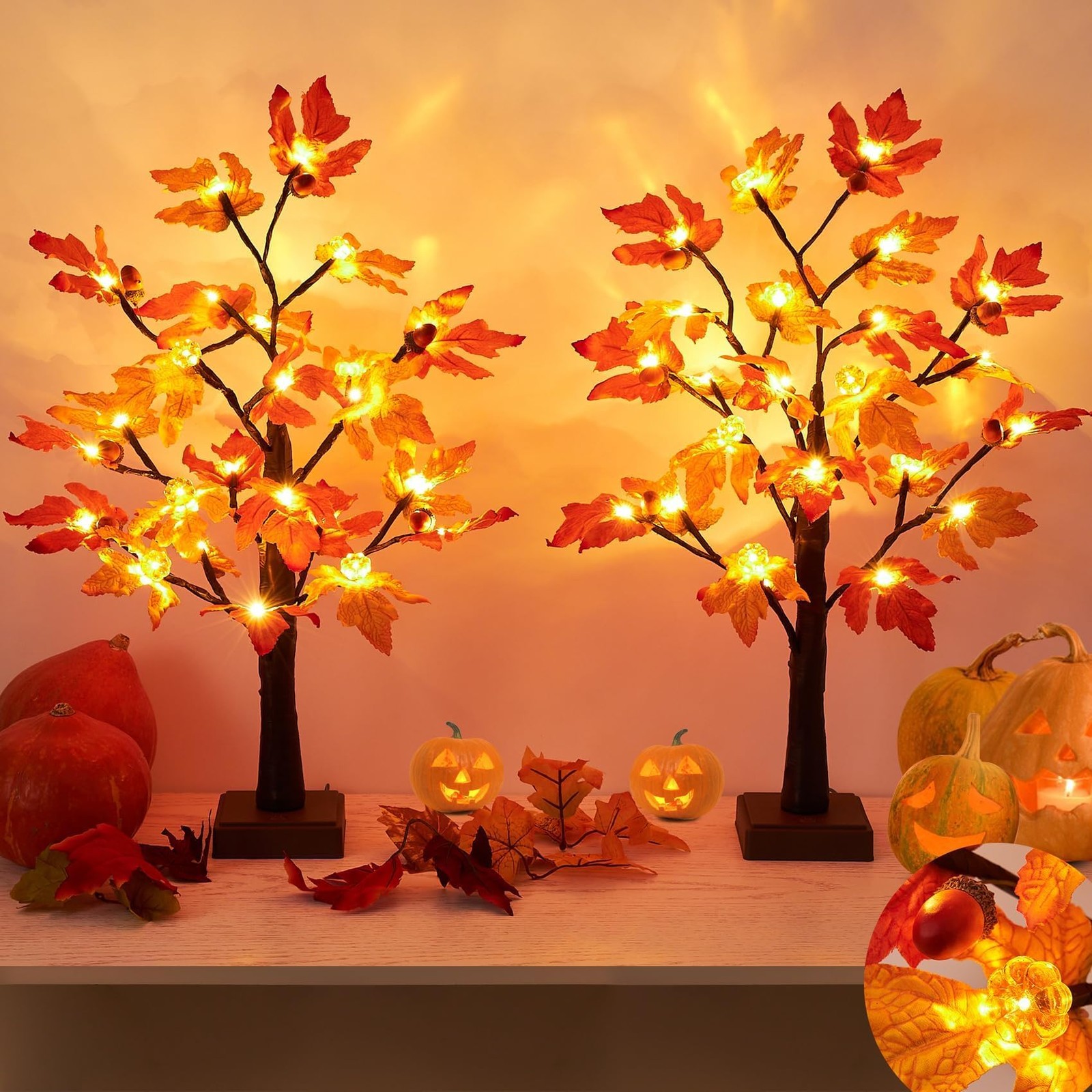 Fall Maple Tree Lights 2 Pack 24 Inch 48 LED Pumpkin Acorn Timer Battery USB
