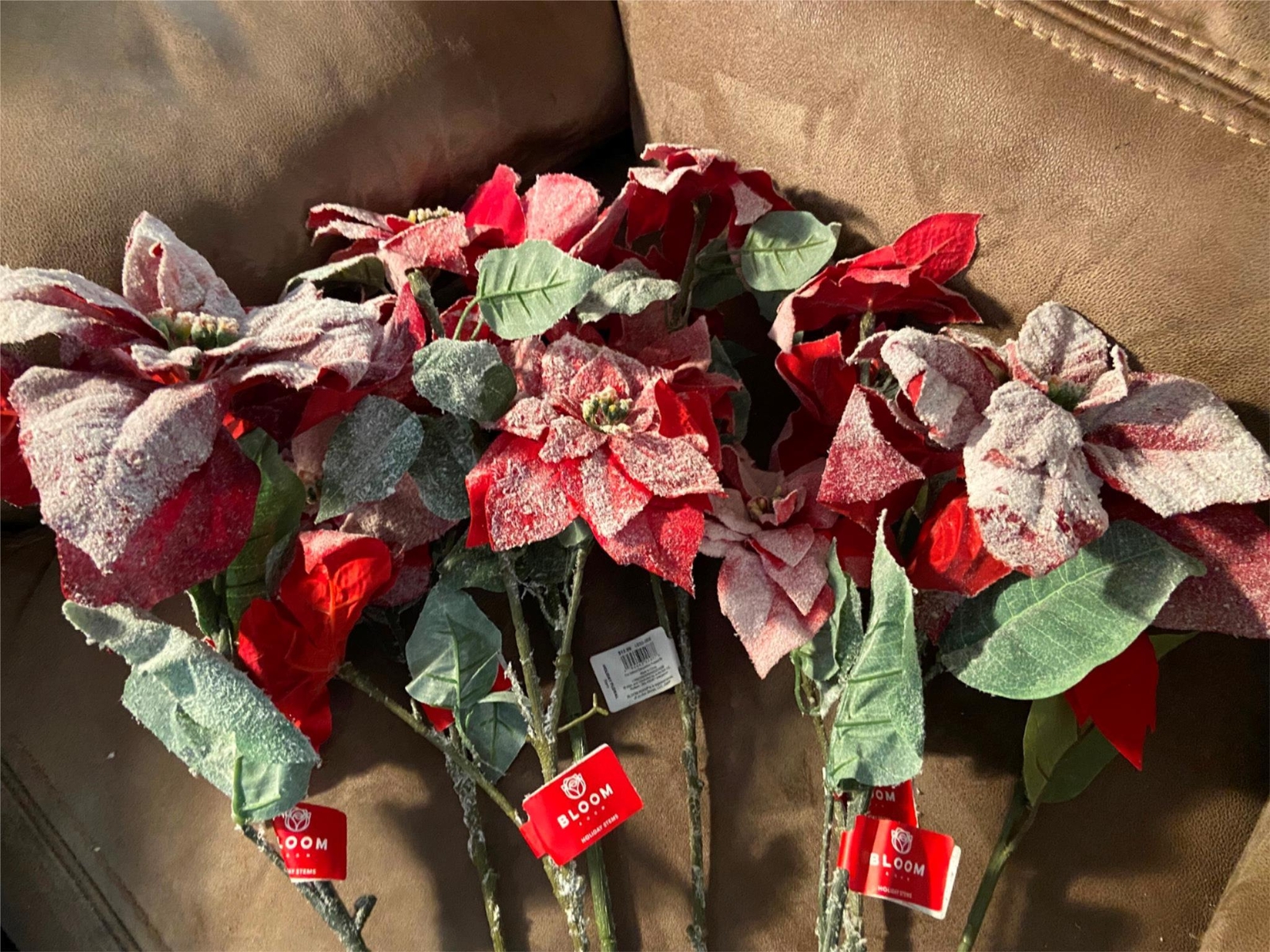 Lot of 8 Artificial Flowers Christmas Holiday Snow Covered Poinsettia Bloom Room