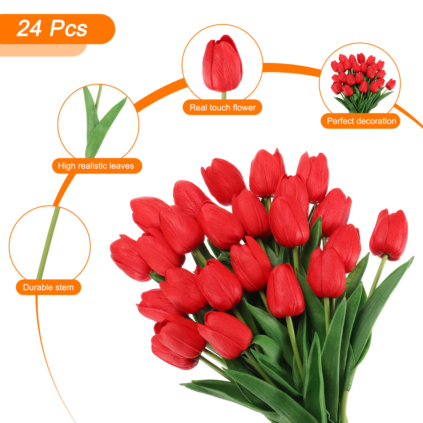 24Pcs Fake Tulips Artificial Flowers PU Tulips with Stems Red