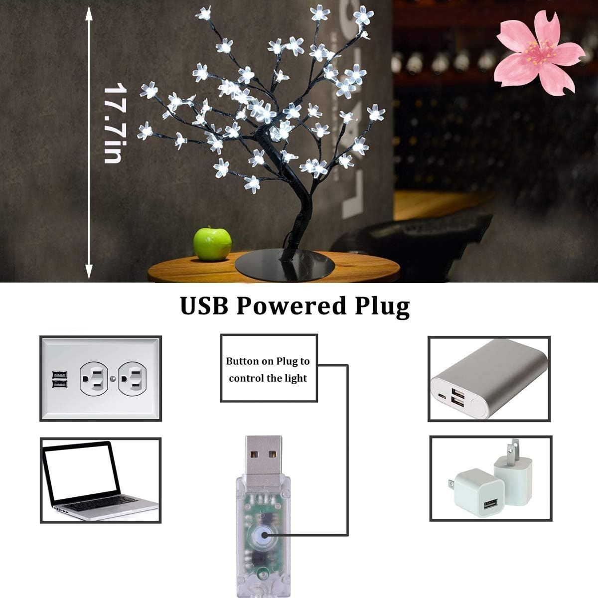 48 LED Cherry Blossom Tree Light, Color-Changing Cherry Flower Lamp，Artificia…