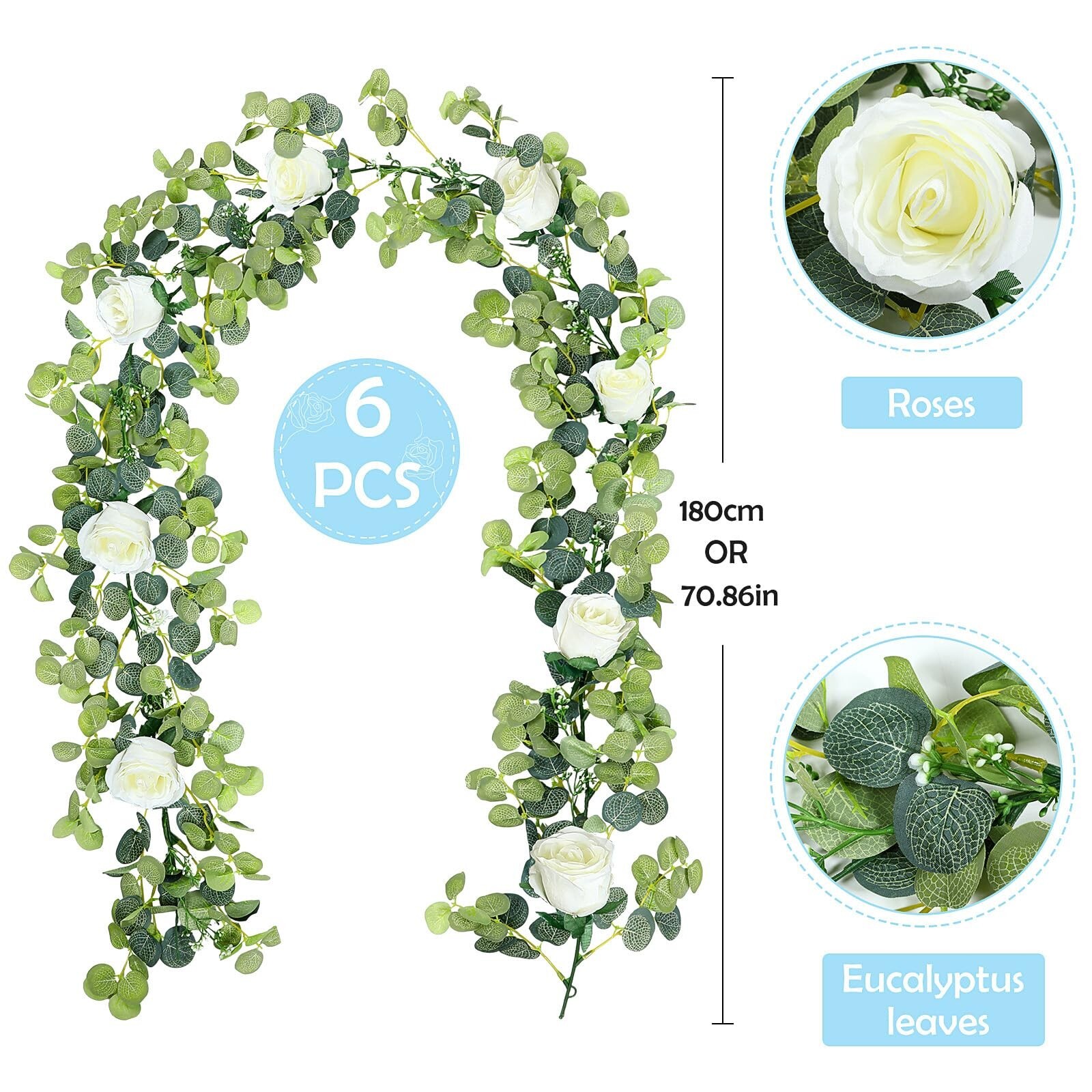 6 Pcs Wedding Garland Artificial Eucalyptus Garland Faux Flowers 5.91 ft Rose…