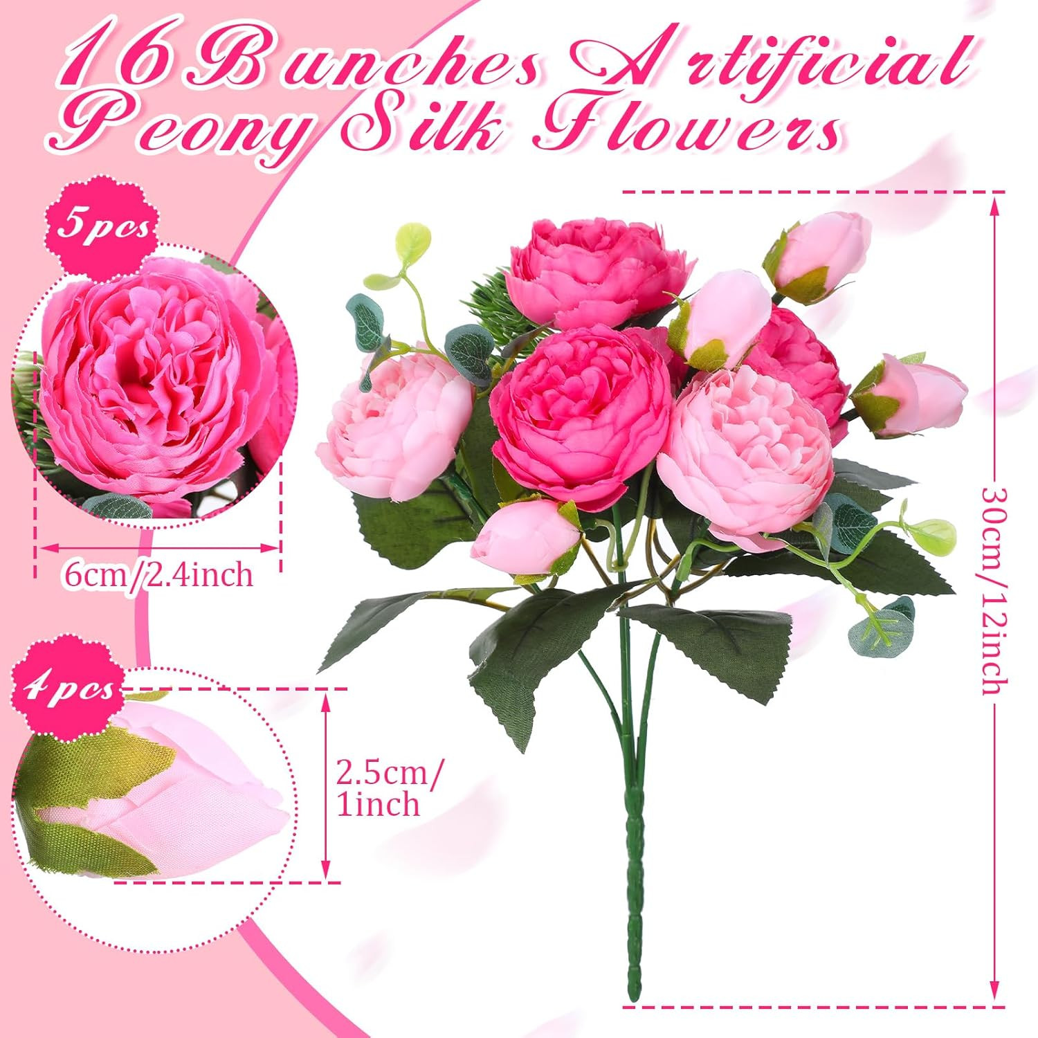 16 Packs Pink Artificial Peony Flowers for Wedding & Home Decor