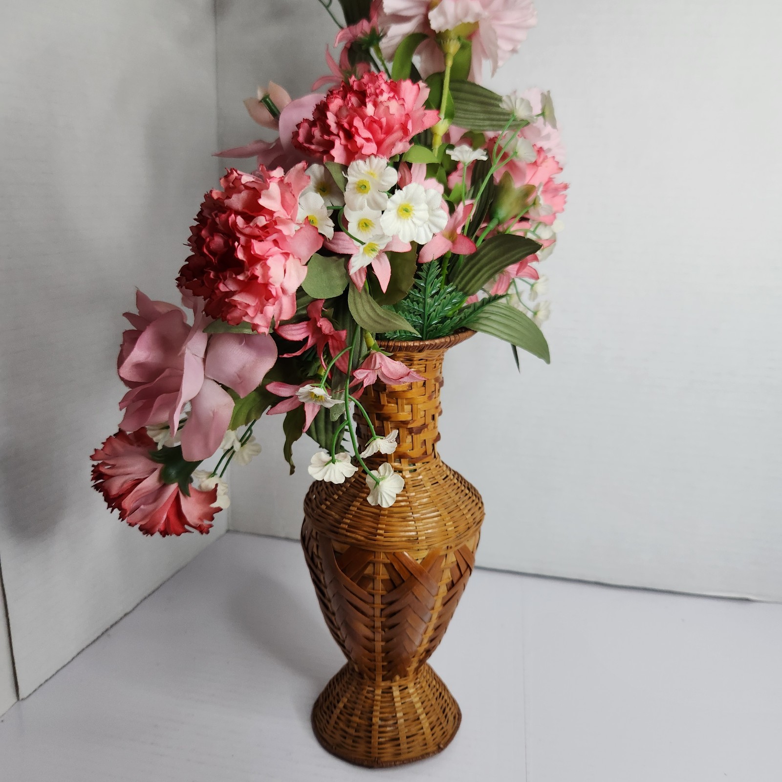 Vintage Woven Rattan Bamboo Vase w Faux Floral Arrangement Boho Cottage Decor