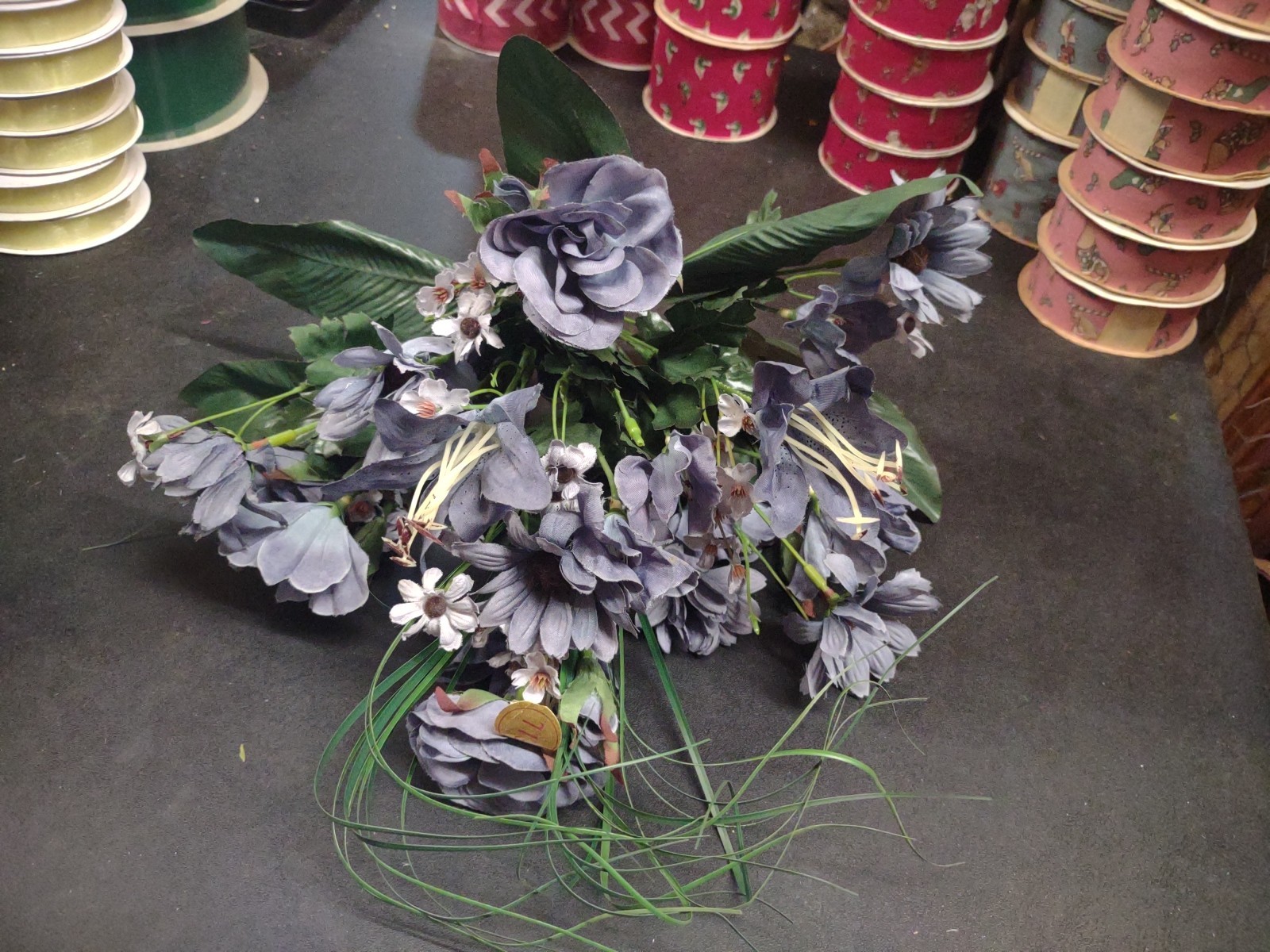 16″ Silk Floral Arrangement Bush, 14 Stems, Rose/Daisy/Tiger Lily, Country Blue