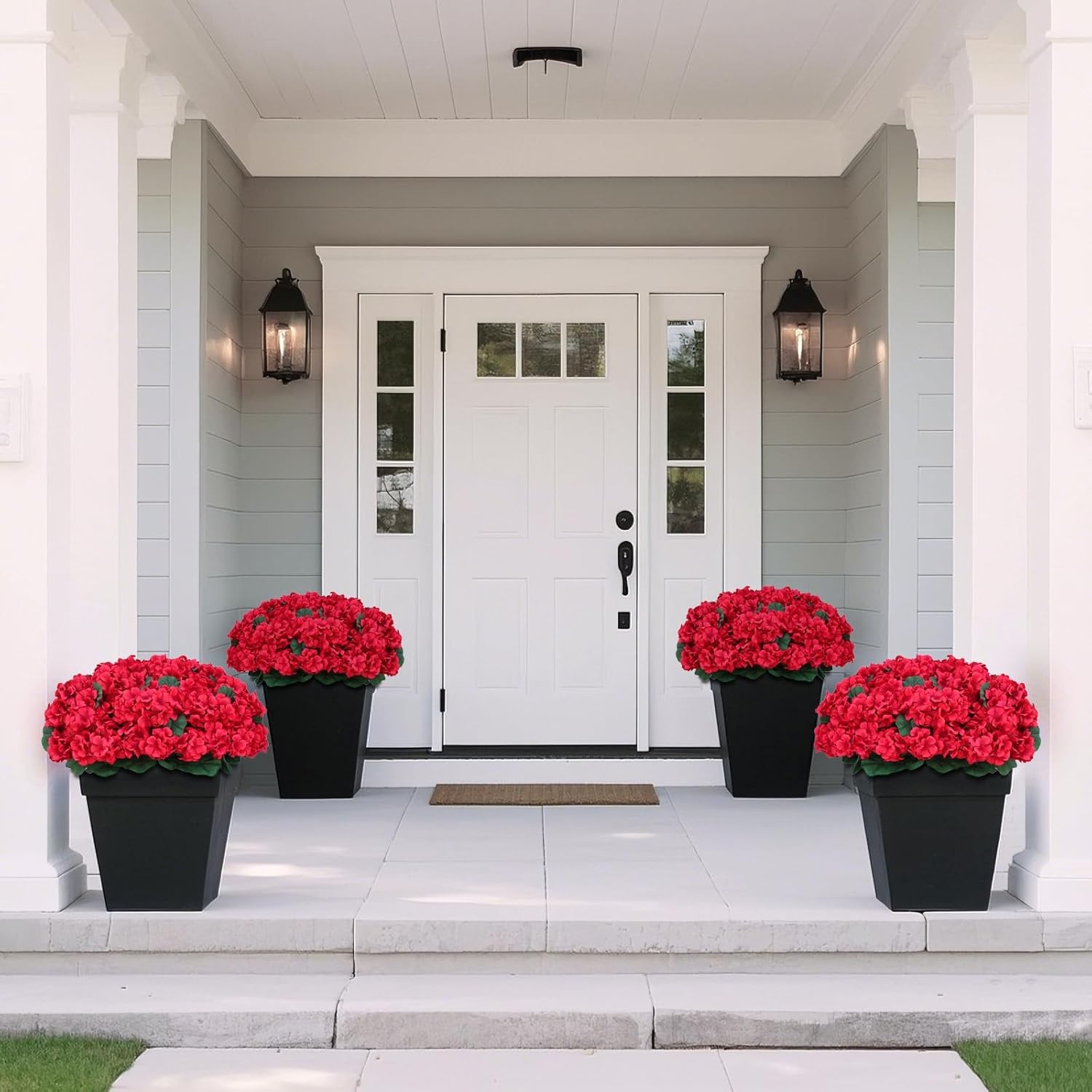 18″ Artificial Geraniums Topiary – 2 Set for Front Porch Decor,Faux Silk Flowers