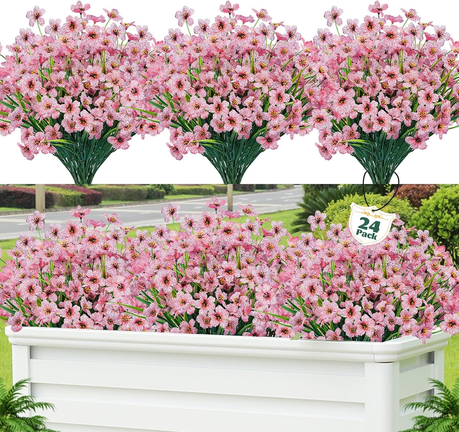24 Pcs Artificial Flowers UV Resistant, Faux Plastic Shrubs Outdoor Decor