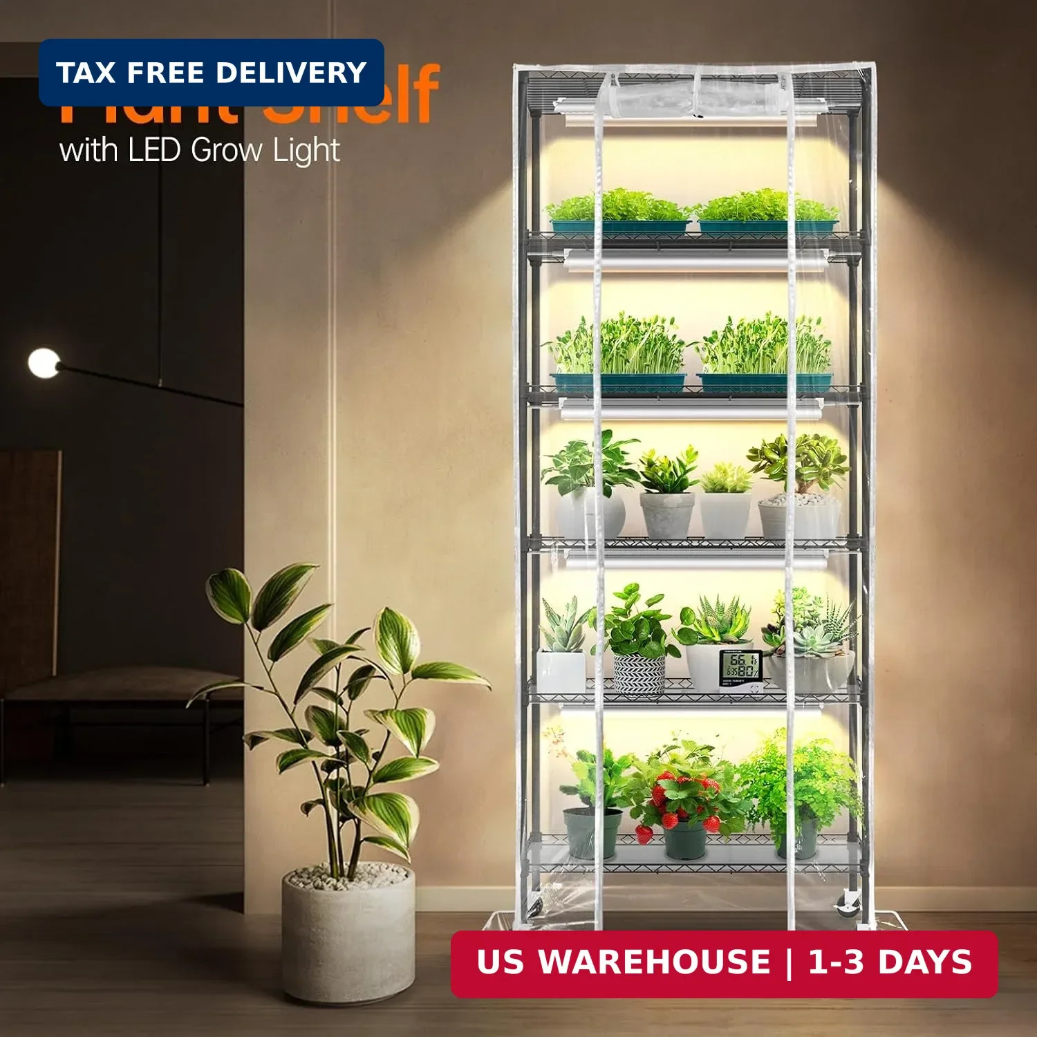 Bstrip Indoor Greenhouse with Grow Light, DIY Plant Shelf with Cover, 6 Tier Pla