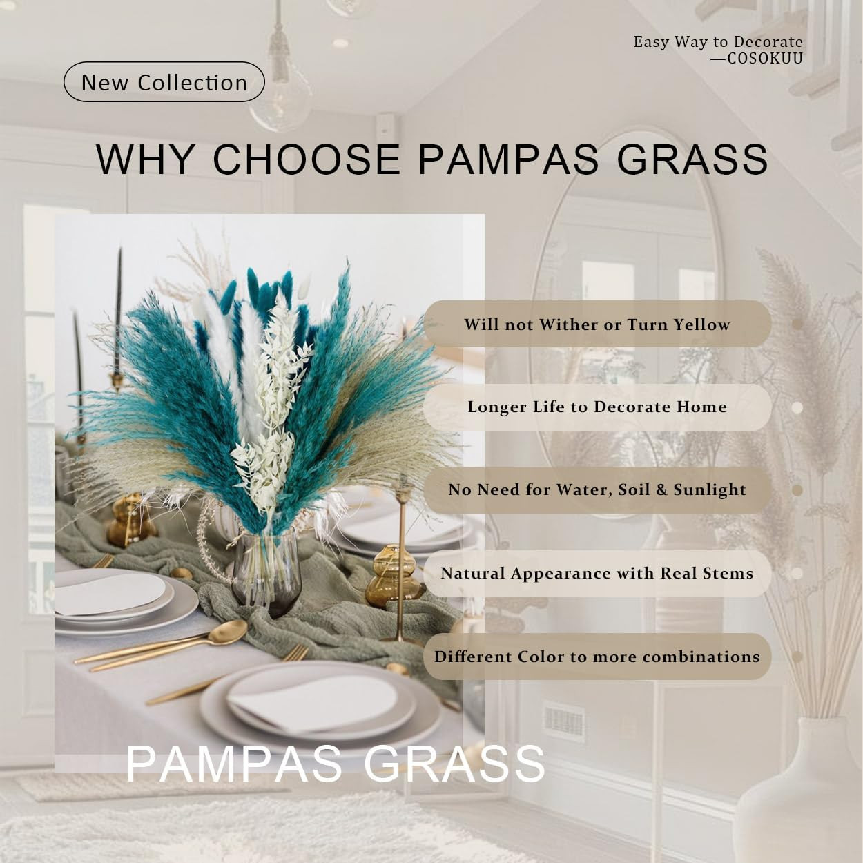Pampas Grass Dried Flowers for Vase, Boho Home Decor, Wedding Decorations (Mixed