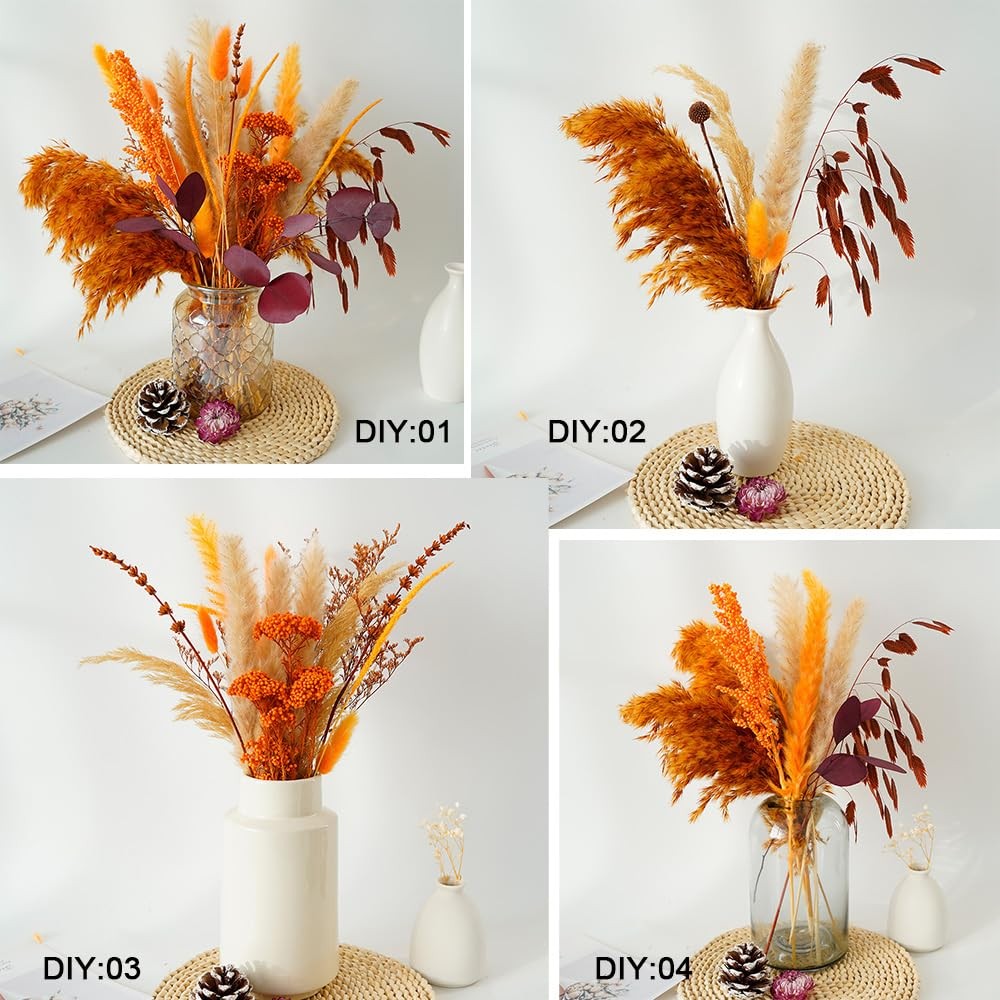 Dried Pampas Grass Bouquet 17″ Orange Sorghum Eucalyptus Wedding Farmhouse