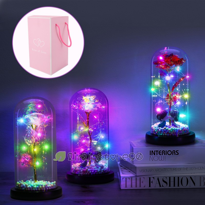 Enchanted Eternal Rose Flower In Dome Glass LED Night Light Anniversaries Gift