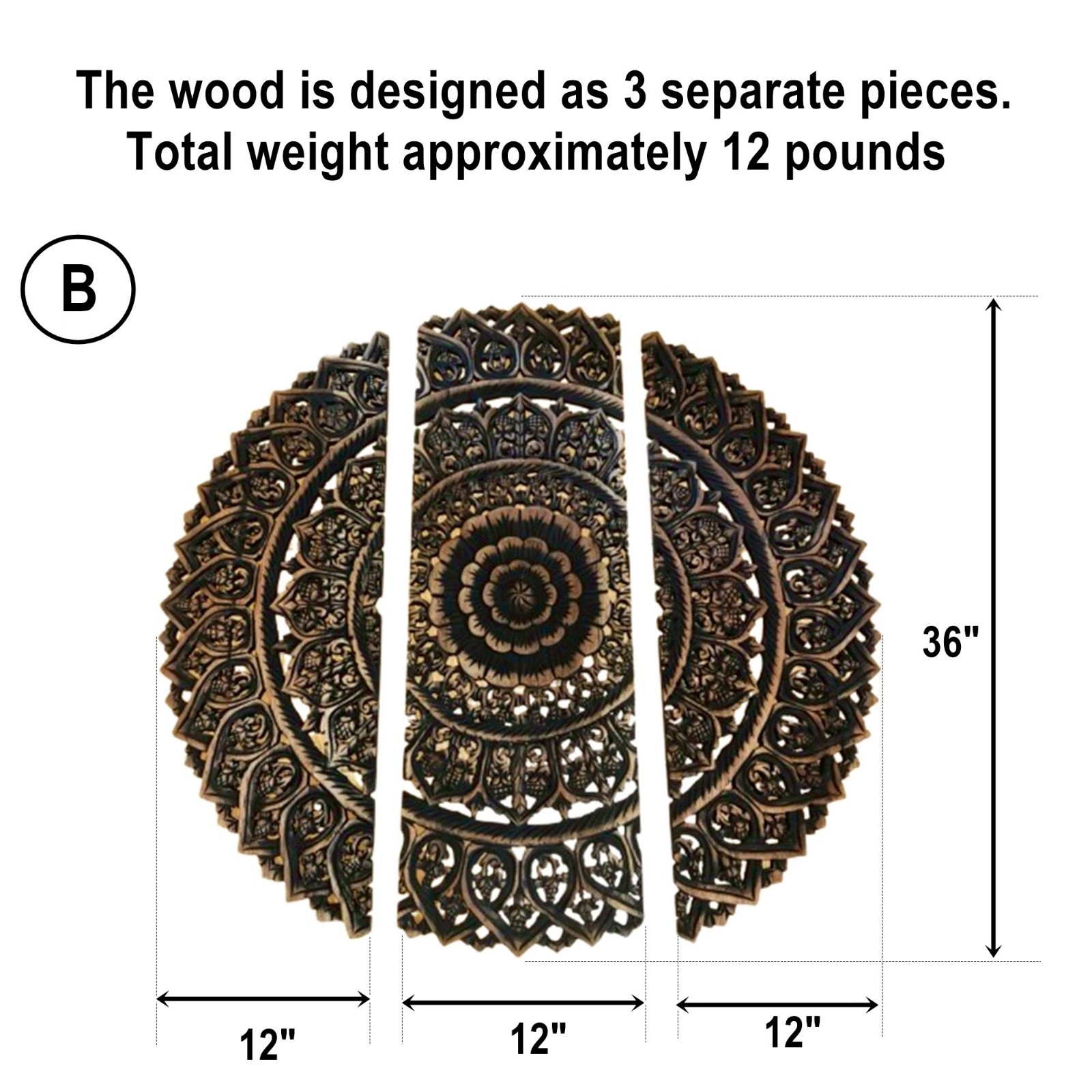Round Floral Mandala Wood Carving Panel Black 90 cm, 3-Piece Set #B
