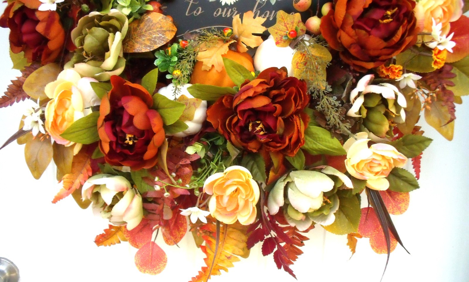 Fall Door Wreath, Thanksgiving Autumn Peony Pumpkin Wreath, Sage Orange Rust