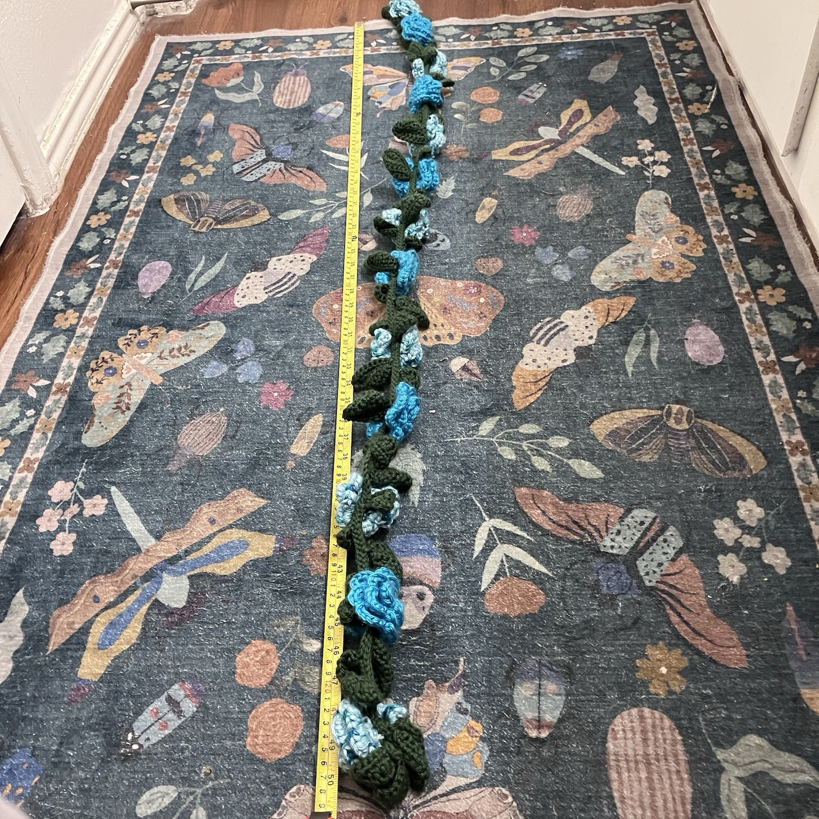 Handmade Crochet Blue Rose Flower Vine Garland Scarflette Boho Cottagecore 50″