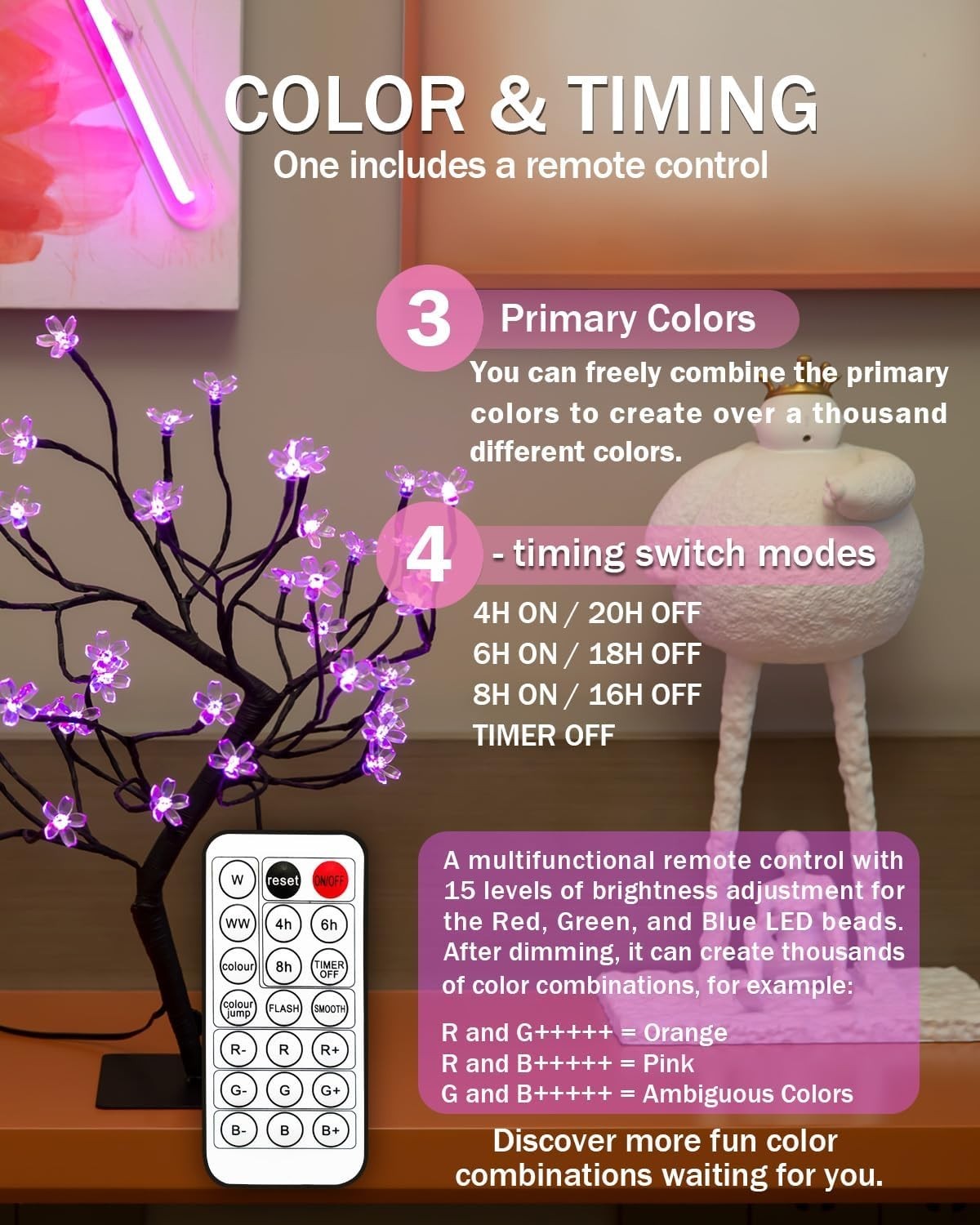 “Cherry Blossom Bonsai Tree Light 20IN Tree Lamp with24V UL-Listed Adapter and M