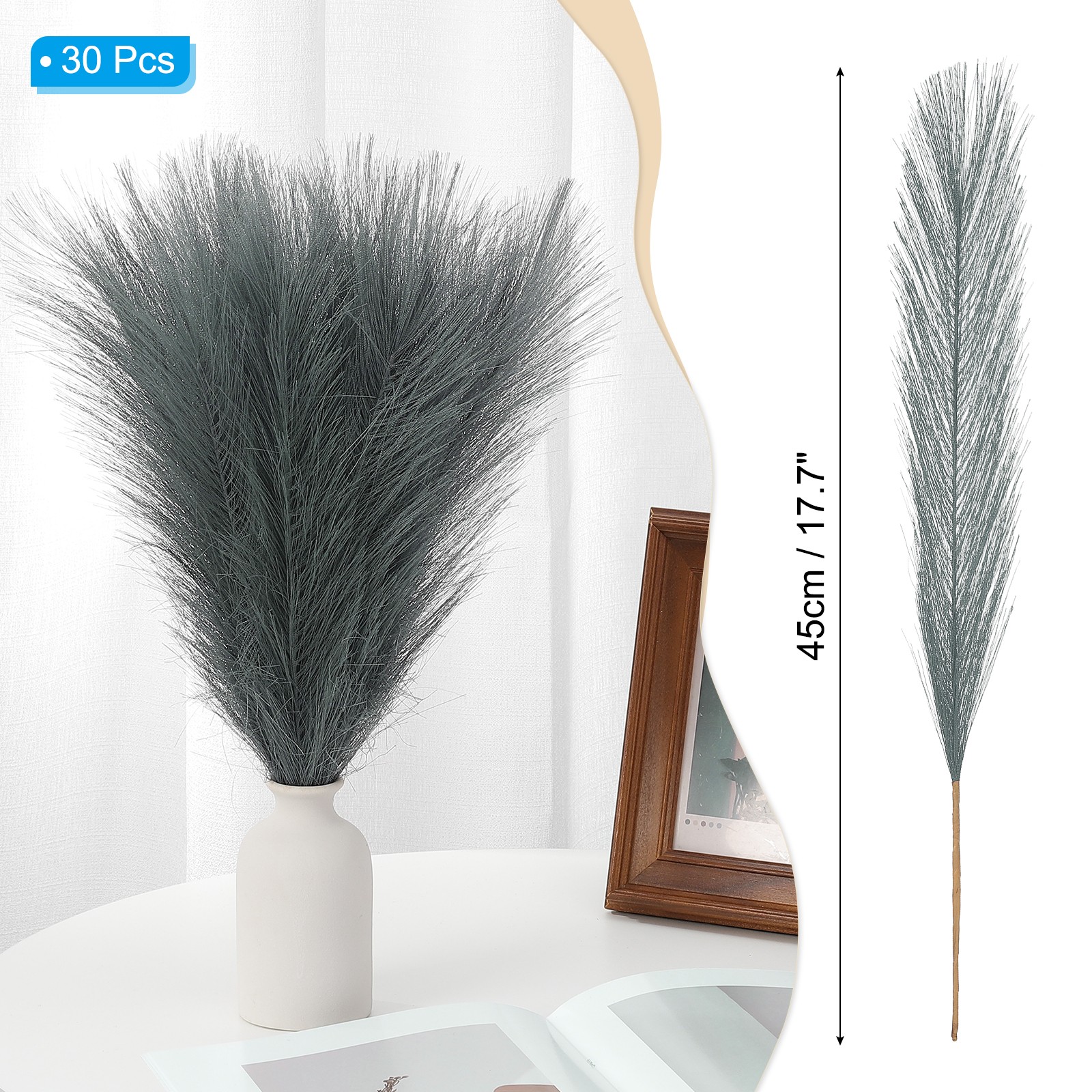 17.7in Pampas Grass Decor 30pcs Artificial Grass Bulk Fluffy Faux Dried Gray
