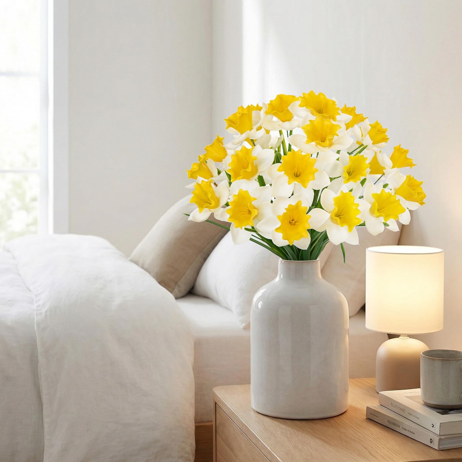 3 Bundles Daffodils Artificial Flowers, 15″ Faux Daffodils with 21 Flower Hea…