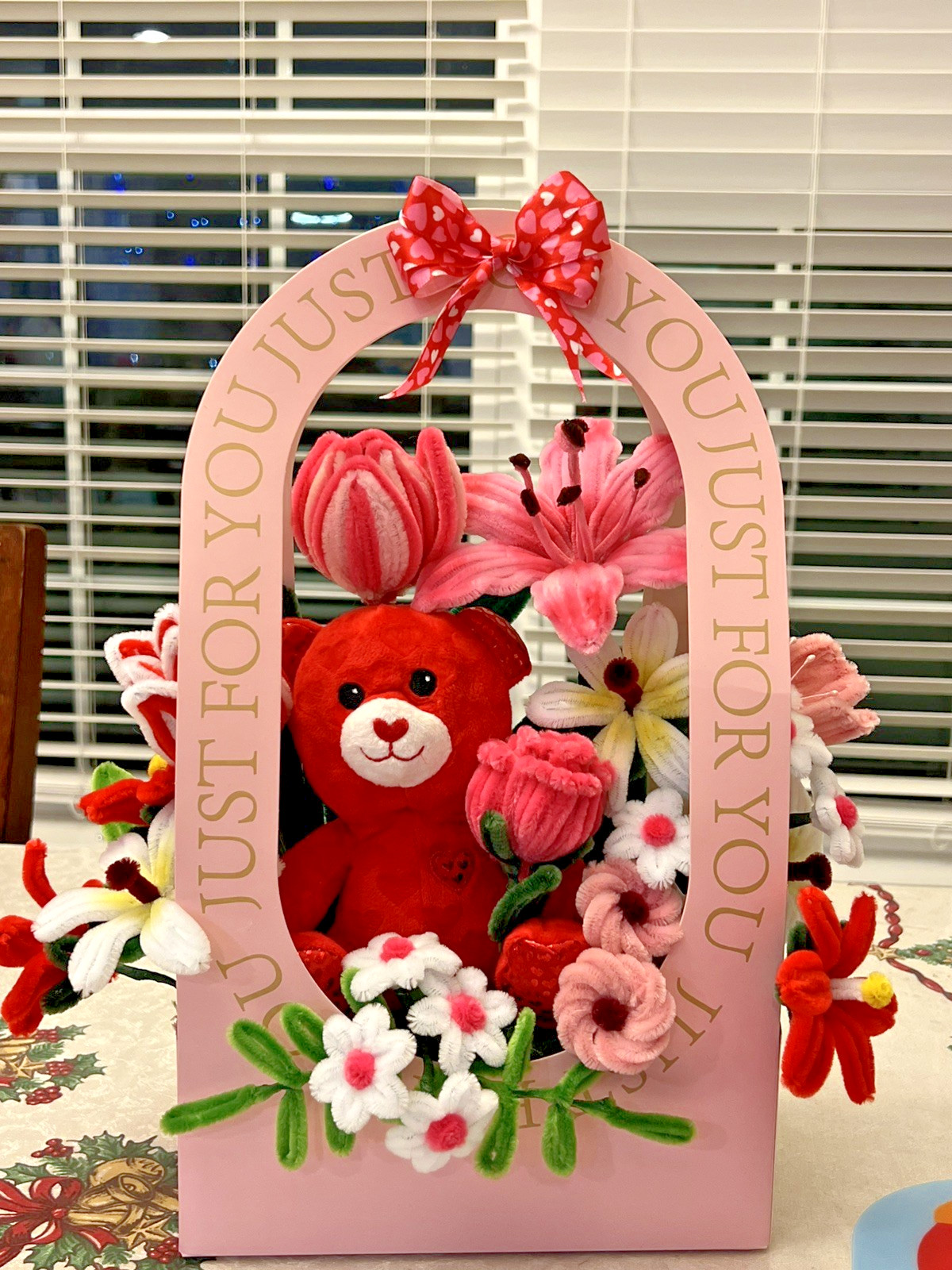 handmade flower bouquet from fuzzy wire for Valentines