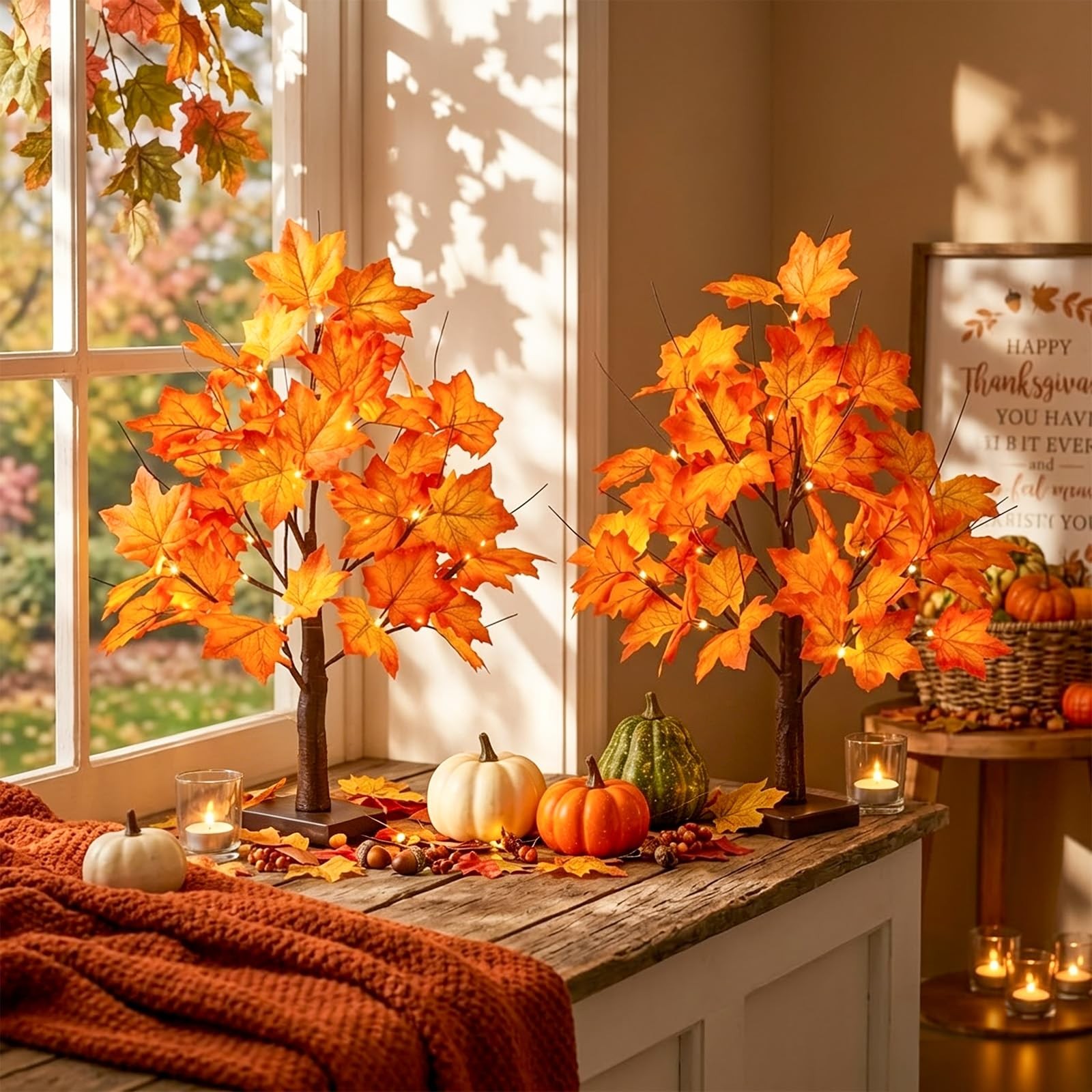 Fall Decorations Maple Tree with 24 LED Lights Tabletop Thanksgiving Gift 2 Pack