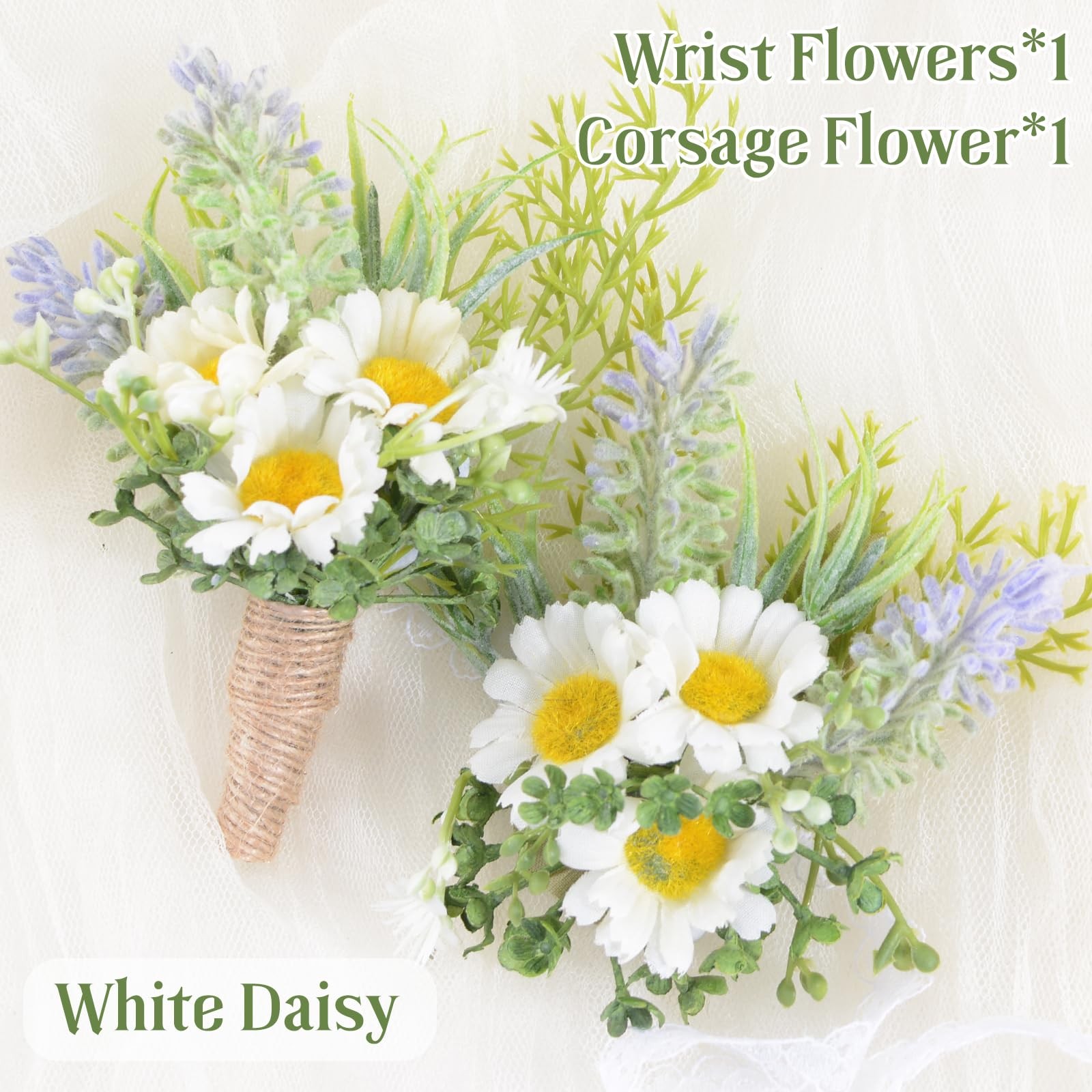 2Pcs White Daisy Corsage Wrist Flower Set Artificial Hand Flower and Boutonni…