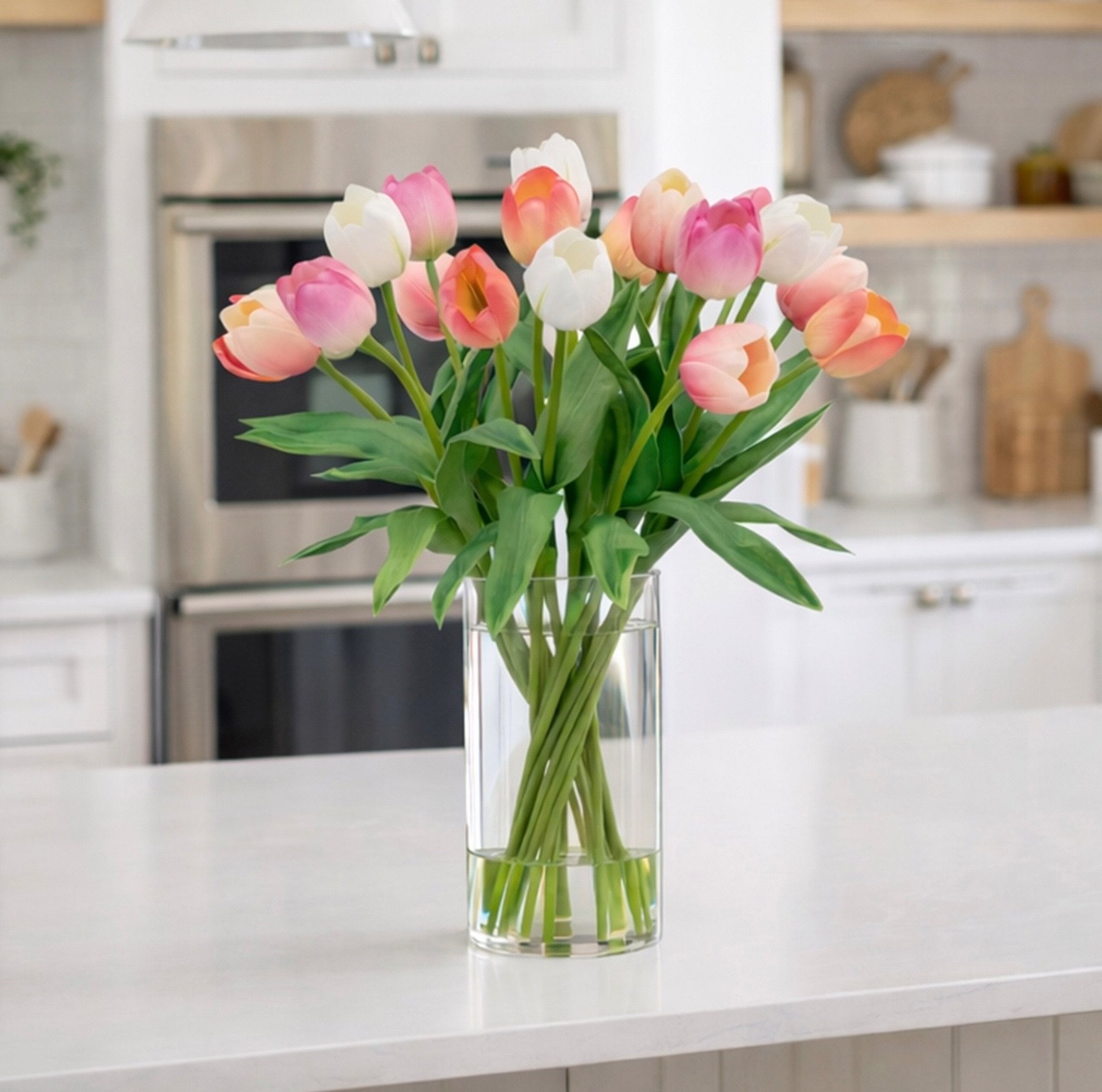 Faux 20″ Tulip Arrangement Lifelike Glass Vase Water Illusion Real Touch Petals