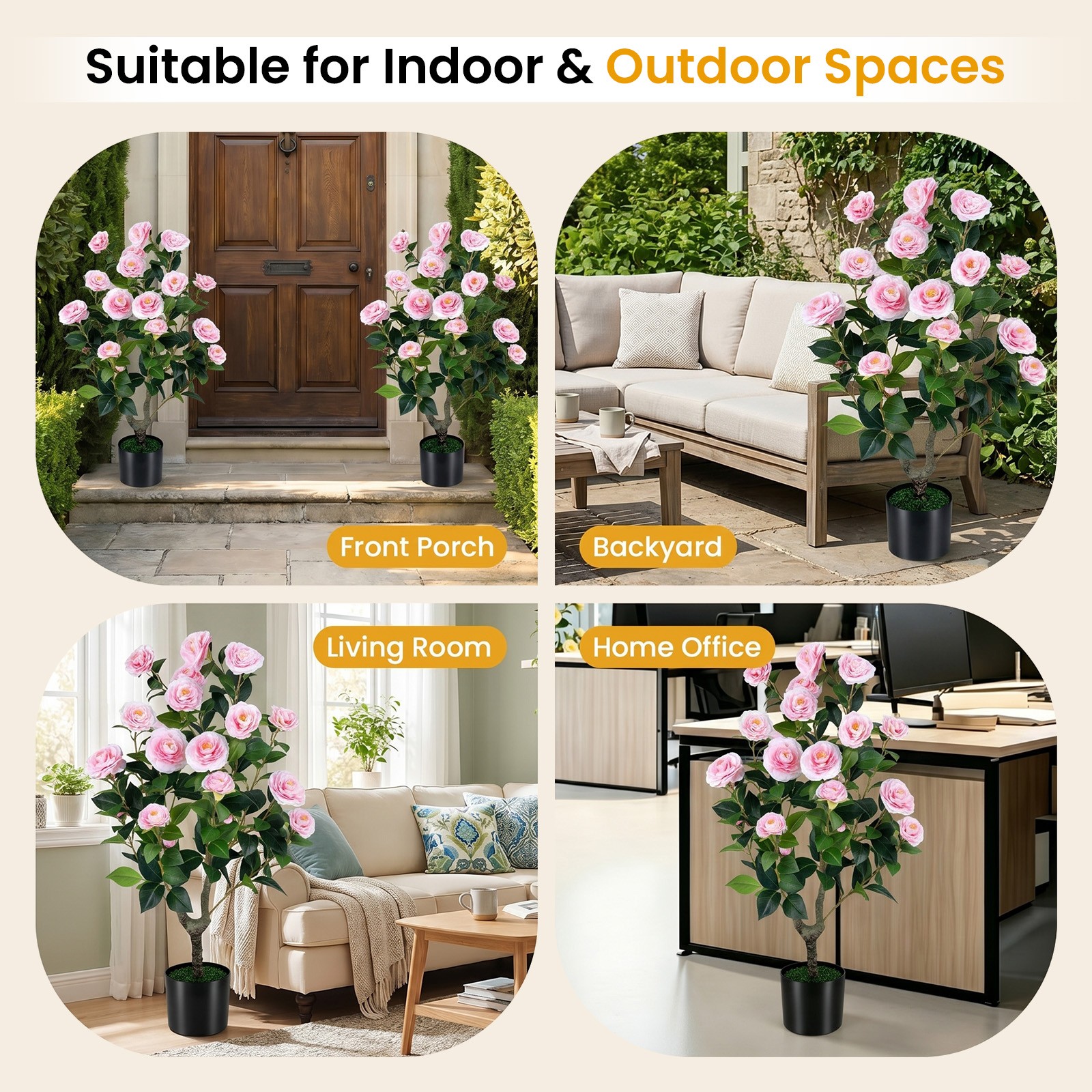 Artificial Camellia Tree, Faux Flower Plant in Cement-Filled Pot, Indoor Outdoor