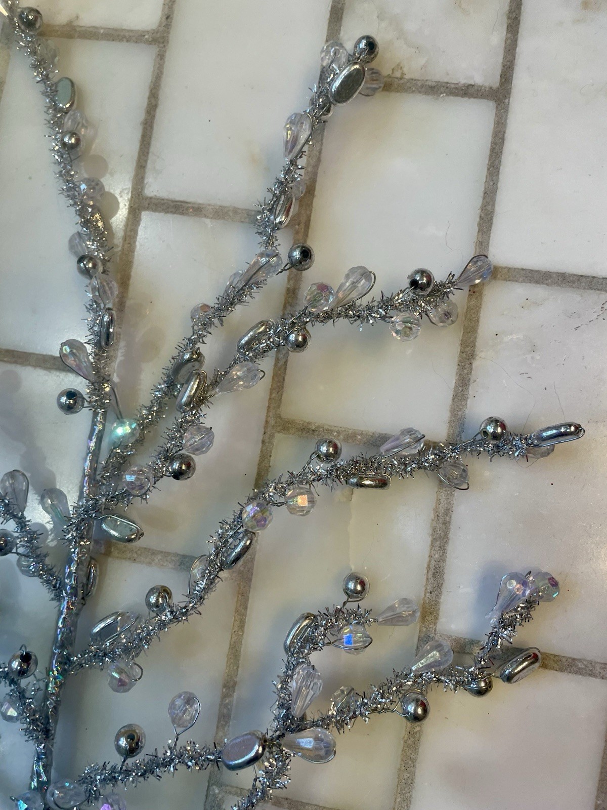 Silver & Clear Beaded Wired Tinsel Branch Stem Christmas Tree Pick 24” Long