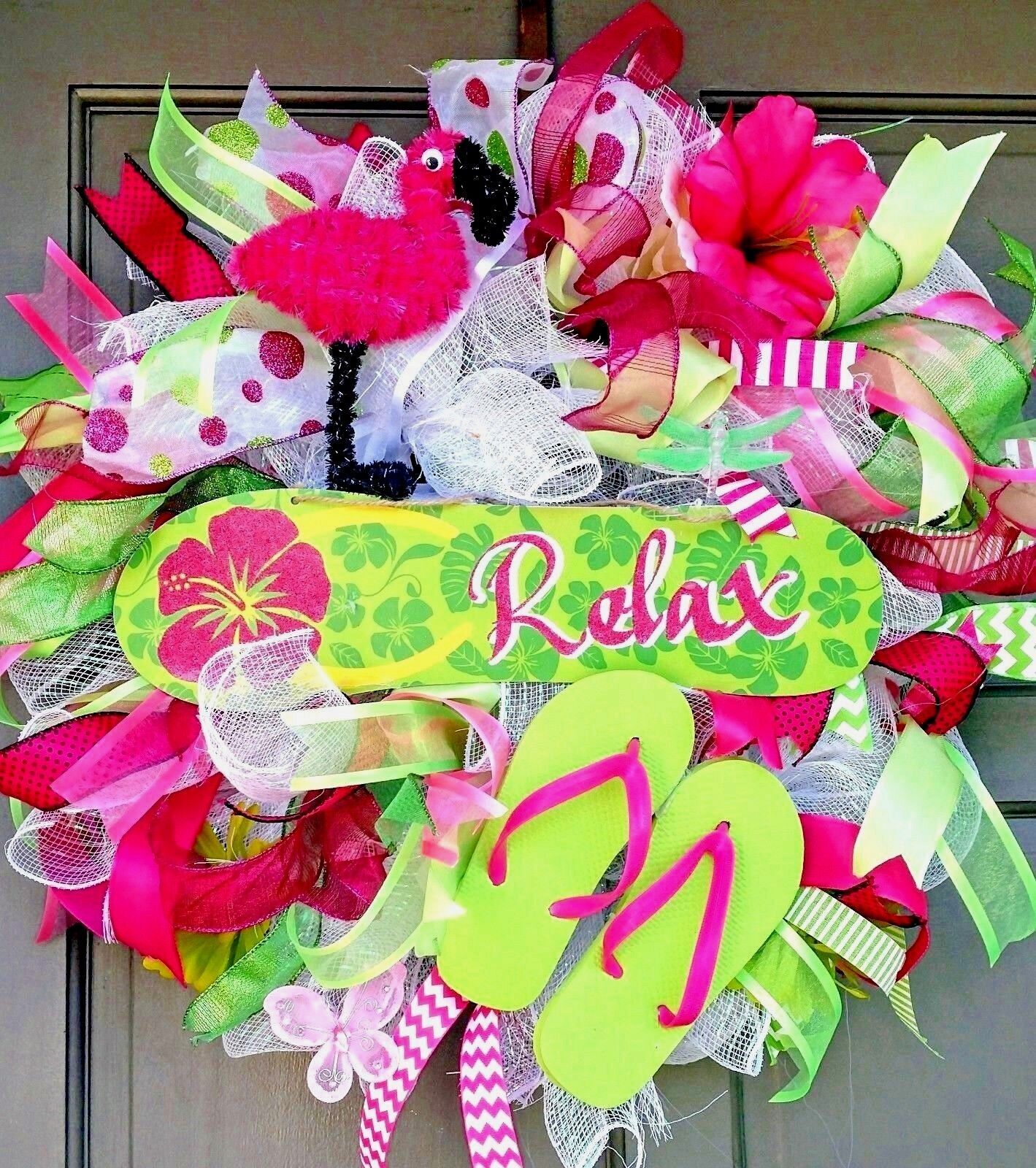 Spring Summer Flip Flop Front Door Wreath Large 24″ Floral Front Door Decor