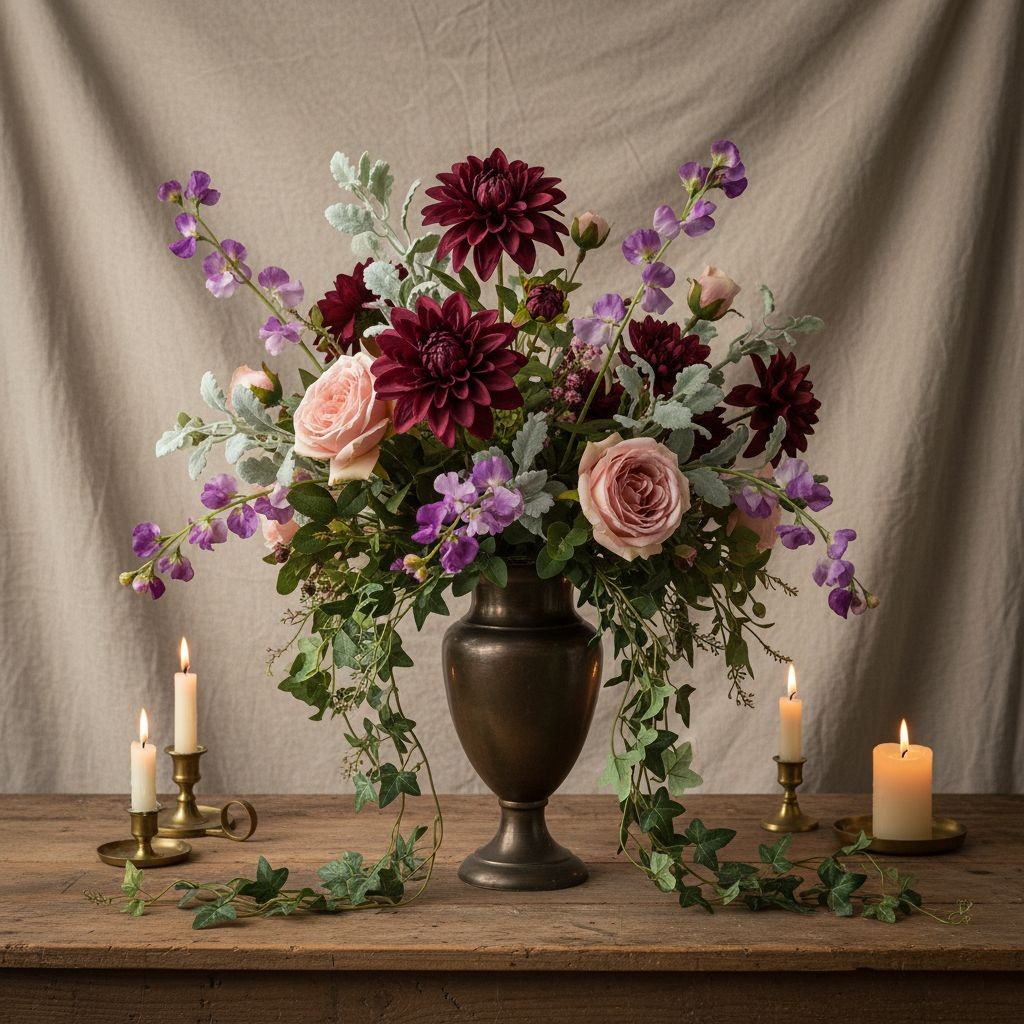 Purple Sweet Pea Flower Stems Faux Floral Spray Cottagecore Wedding Decor Rustic