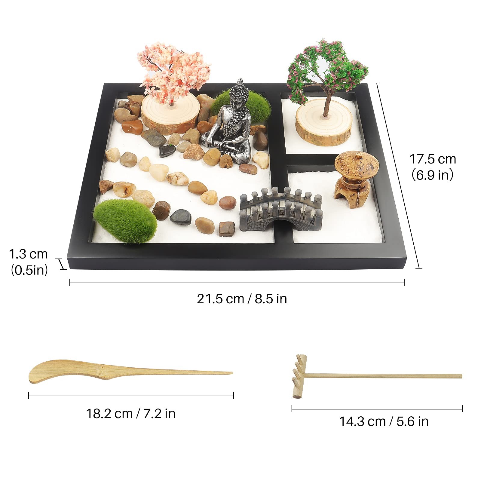 Sakura Budah Desktop Mini Zen Garden – 9″ x 7″ with White Sand, Artificial Bo…