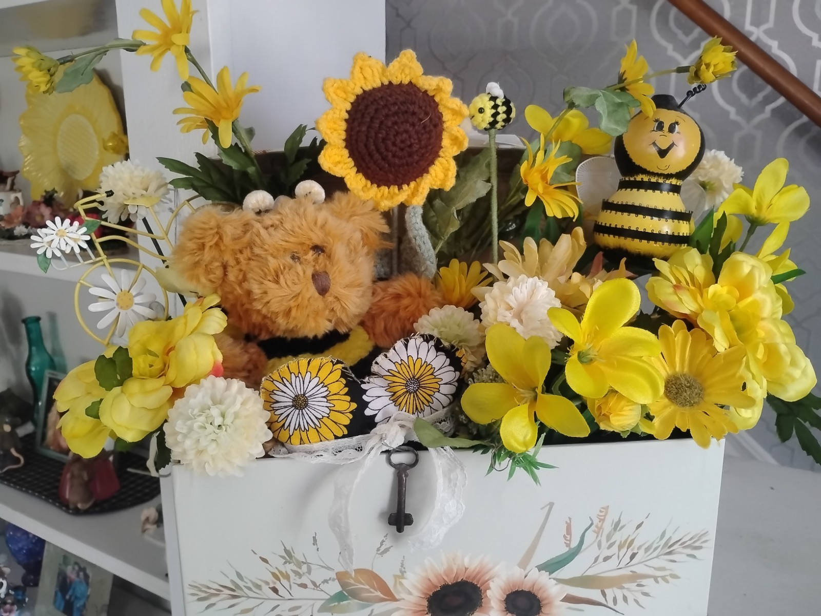 Handmade Sunflower & Bee Centerpiece In A Decorative Box With Floral And Greens,