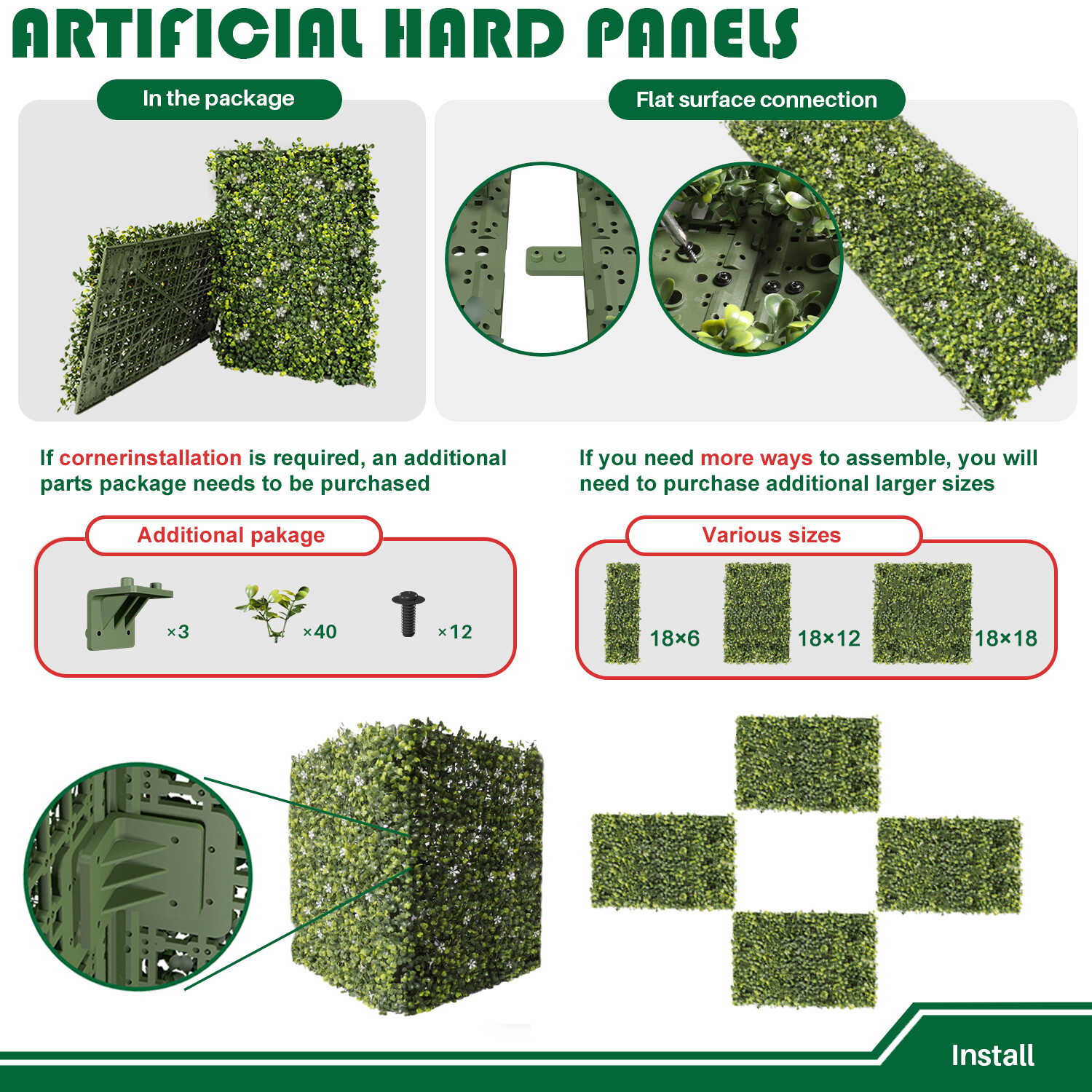 18″x12″ Artificial Faux Ivy Mats Wall With Hard Panel for Indoor Outdoor Hedge