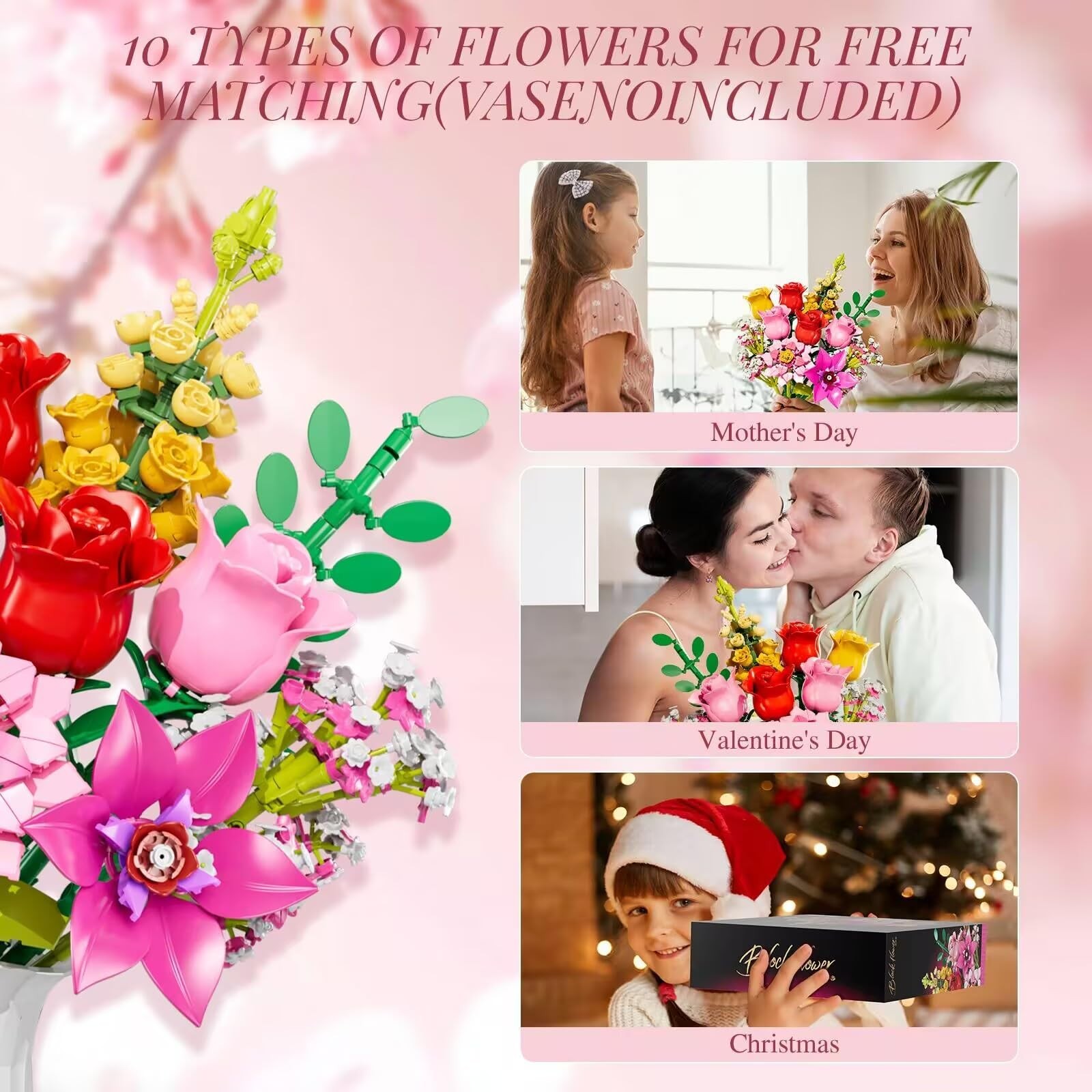 Pink Roses Building Set – 765 PCS Botanical Block Toy for Home Decor & Gifts