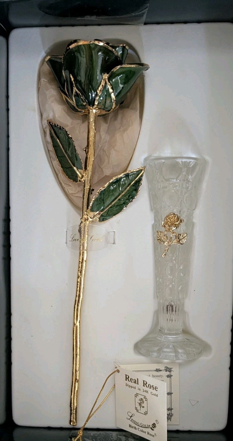 24K Gold Dipped Real Rose Emerald May Birthstone Living Gold in Box W/Vase 11″