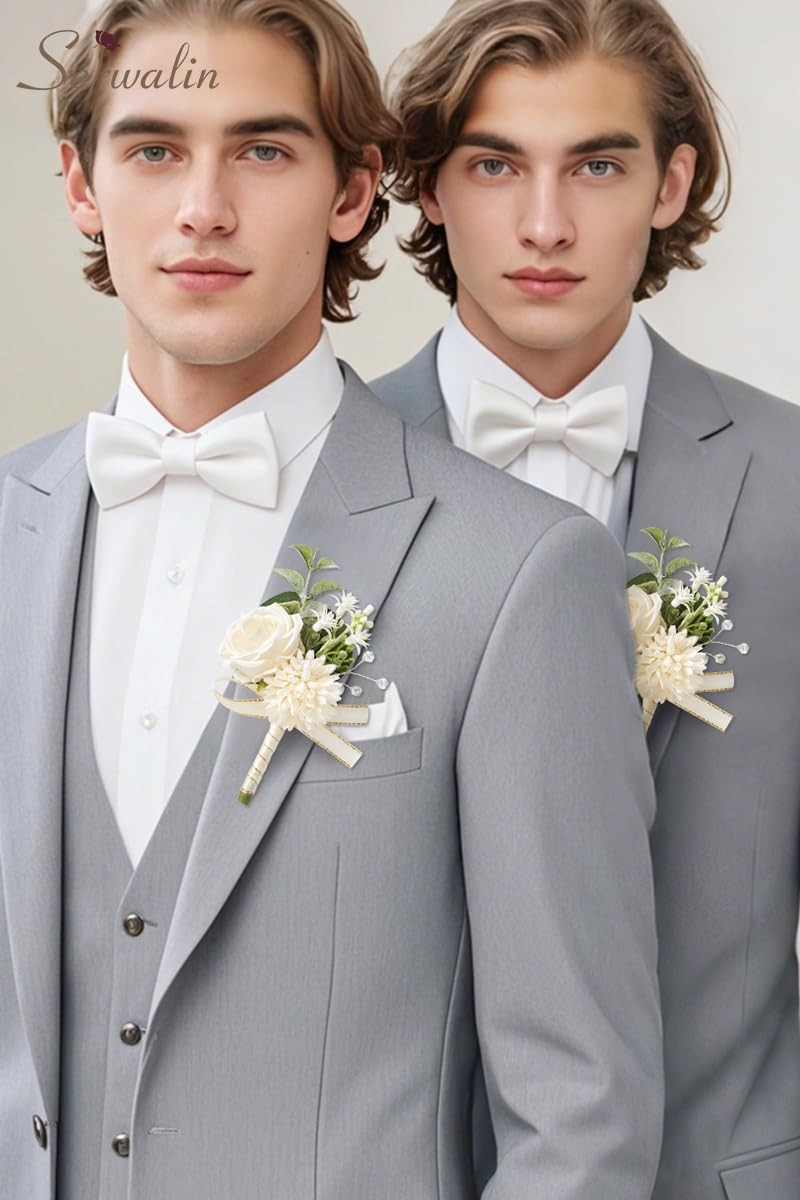 2 Pcs White Boutonniere for Men, Groom Groomsmen Best Man Guest Boutonnieres,…